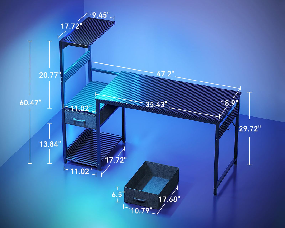 Casaottima 48'' Gaming Desk with LED Lights & CPU Stand, Black