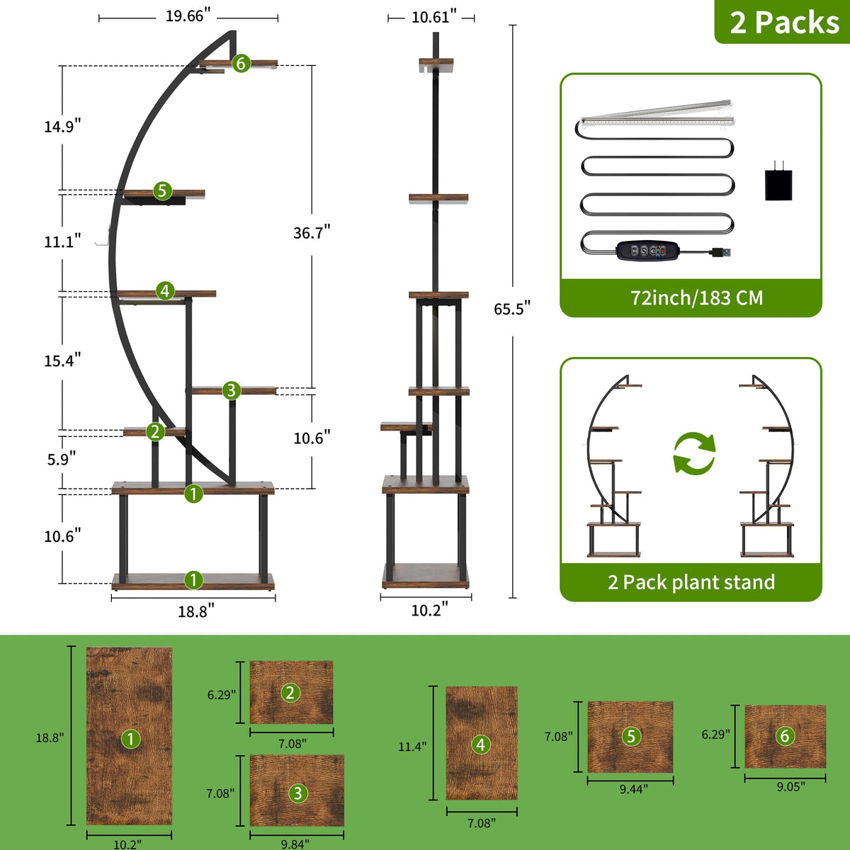 BACEKOLL Plant Stand with Grow Lights 2 Pack Tall Indoor Plant Shelf 64"