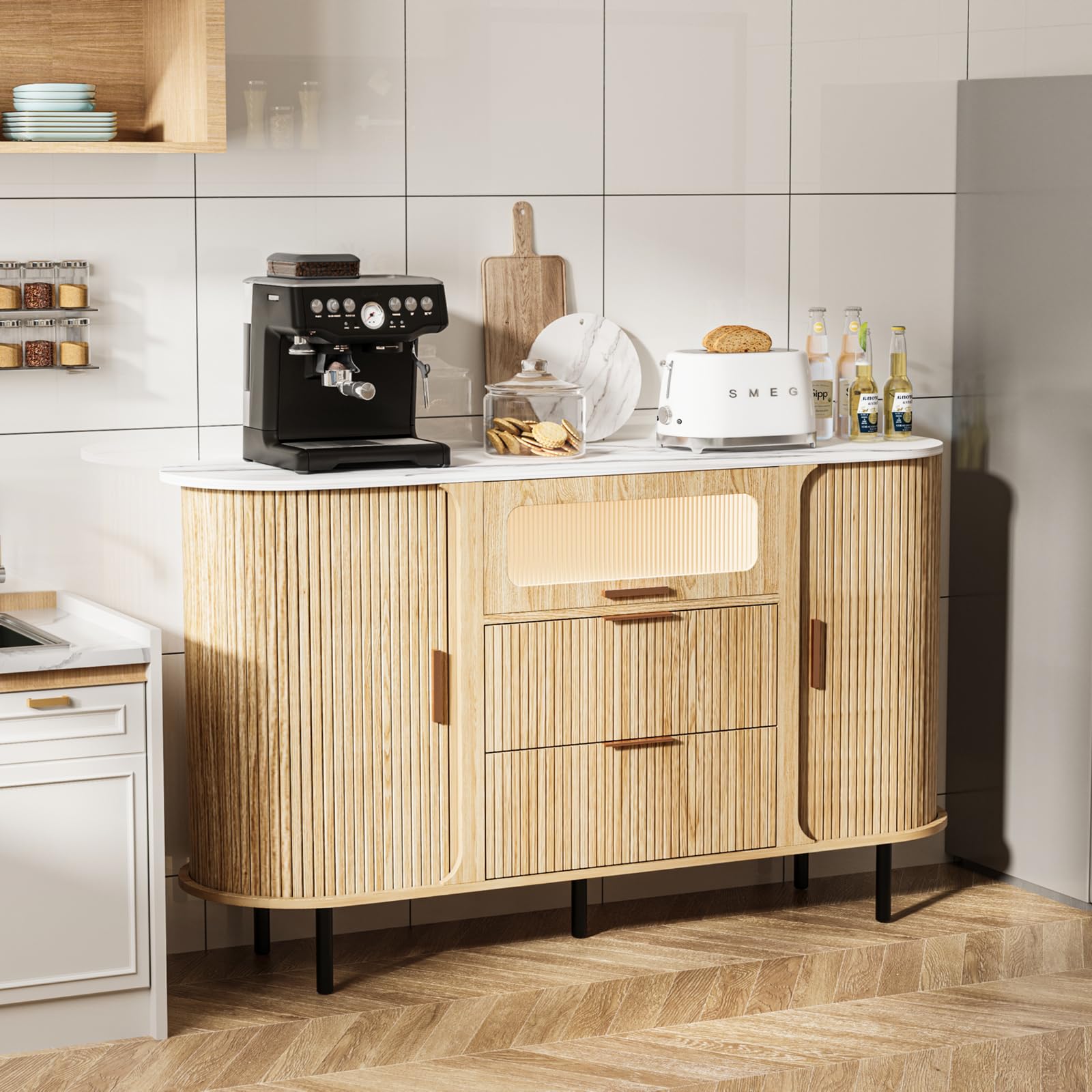 Cychuily 54" Fluted Sideboard Buffet Cabinet with Storage, Mid Century Coffee Bar with LED Light & Slide Doors, 2 Drawers, Modern Storage Cabinet for Kitchen, Living Room, Faux White Marble Top, Oak
