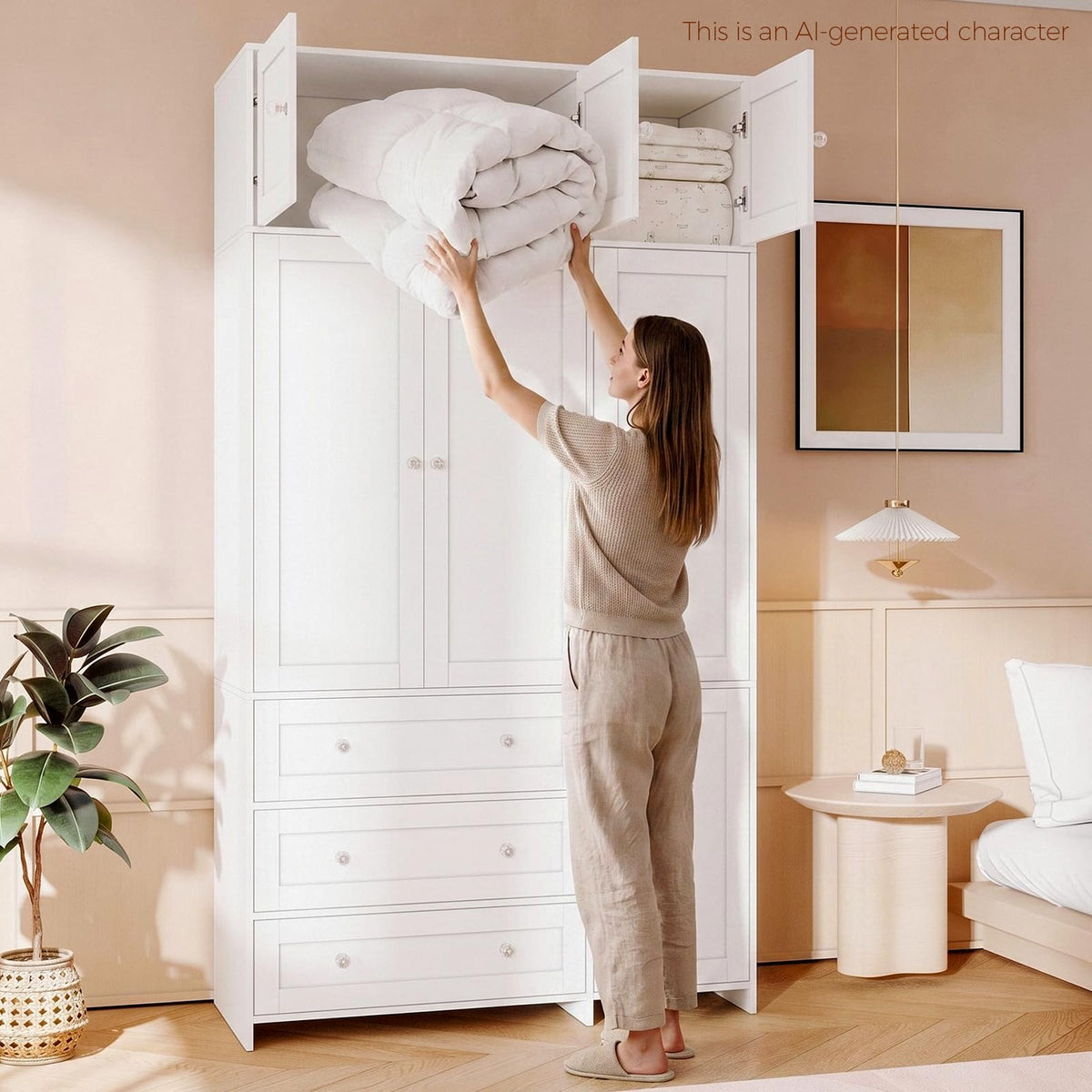 VOWNER 87"Tall Armoire Wardrobe Closet with Overhead Cabinets, Mirror & Rod