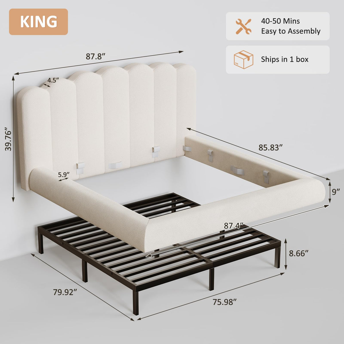 Glirun King Size Cloud Bed Frame with Wave Headboard, Upholstered Platform Bed with Velvet Finish, Sturdy Metal Slat Support, Noise-Free, No Box Spring Needed, Cream White