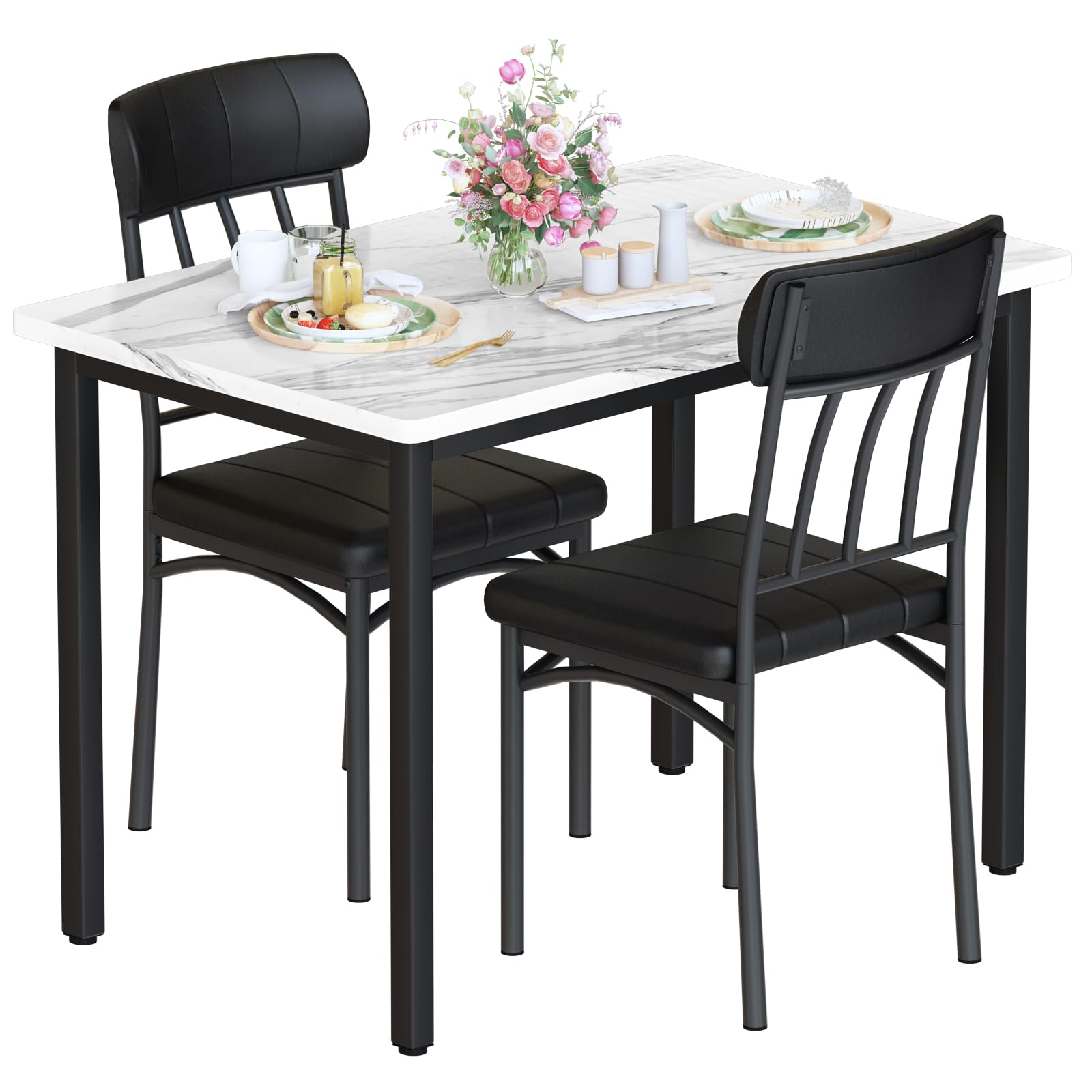AWQM 3 Piece Dining Table Set for 2, Small Industrial Kitchen Table and 2 Chairs, Breakfast Dining Table Set, Kitchen Table Set for Dining Room, Living Room, Apartment, Small Space, White Black