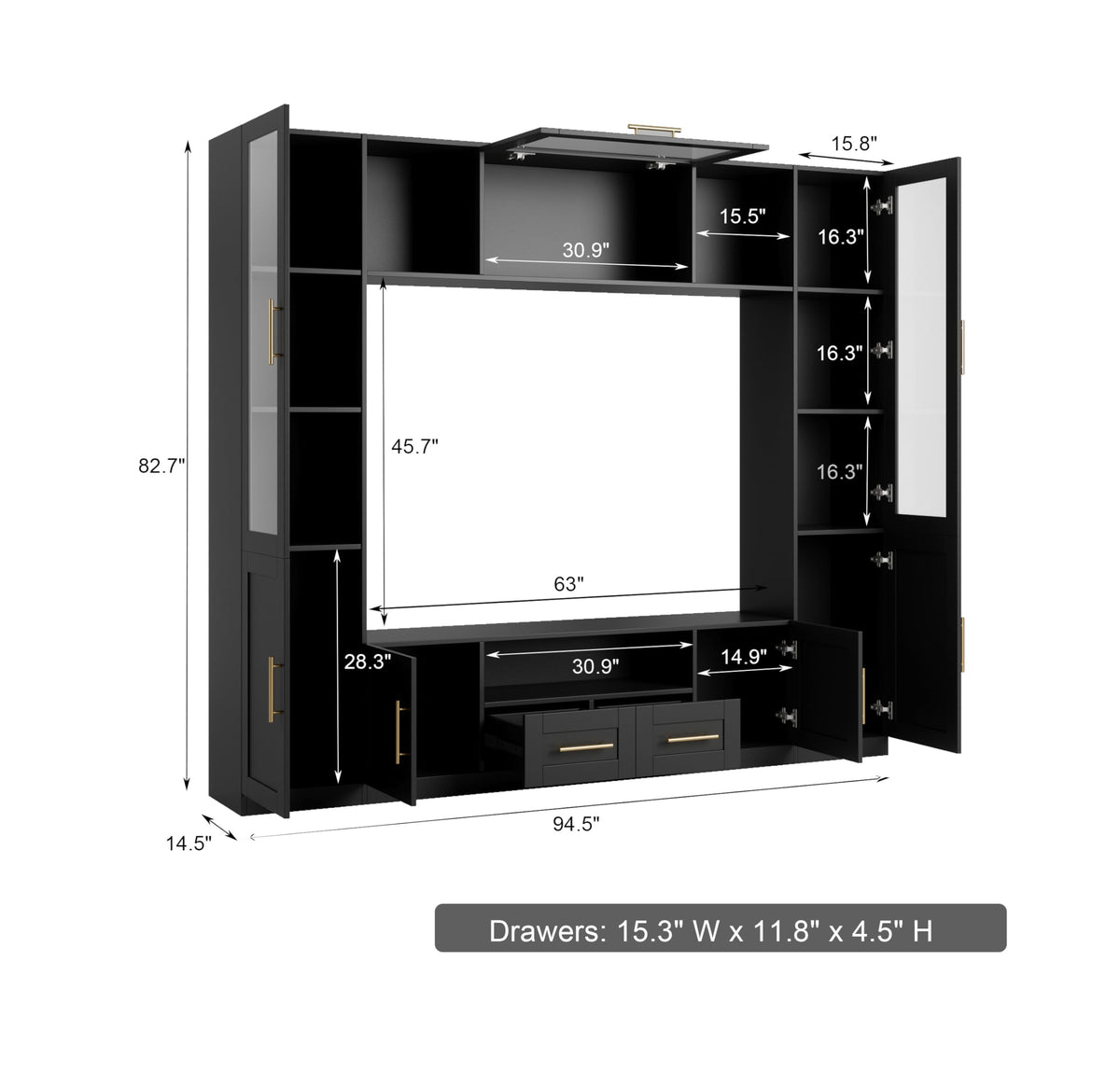 Jiaoun 4-Piece Entertainment Center Wall Unit, Multifunctional TV Stand with Tempered Glass Door/LED Lights, Up-Flip Door & Shelves, Large Console Storage Cabinet Set for TVs Up to 70", Black