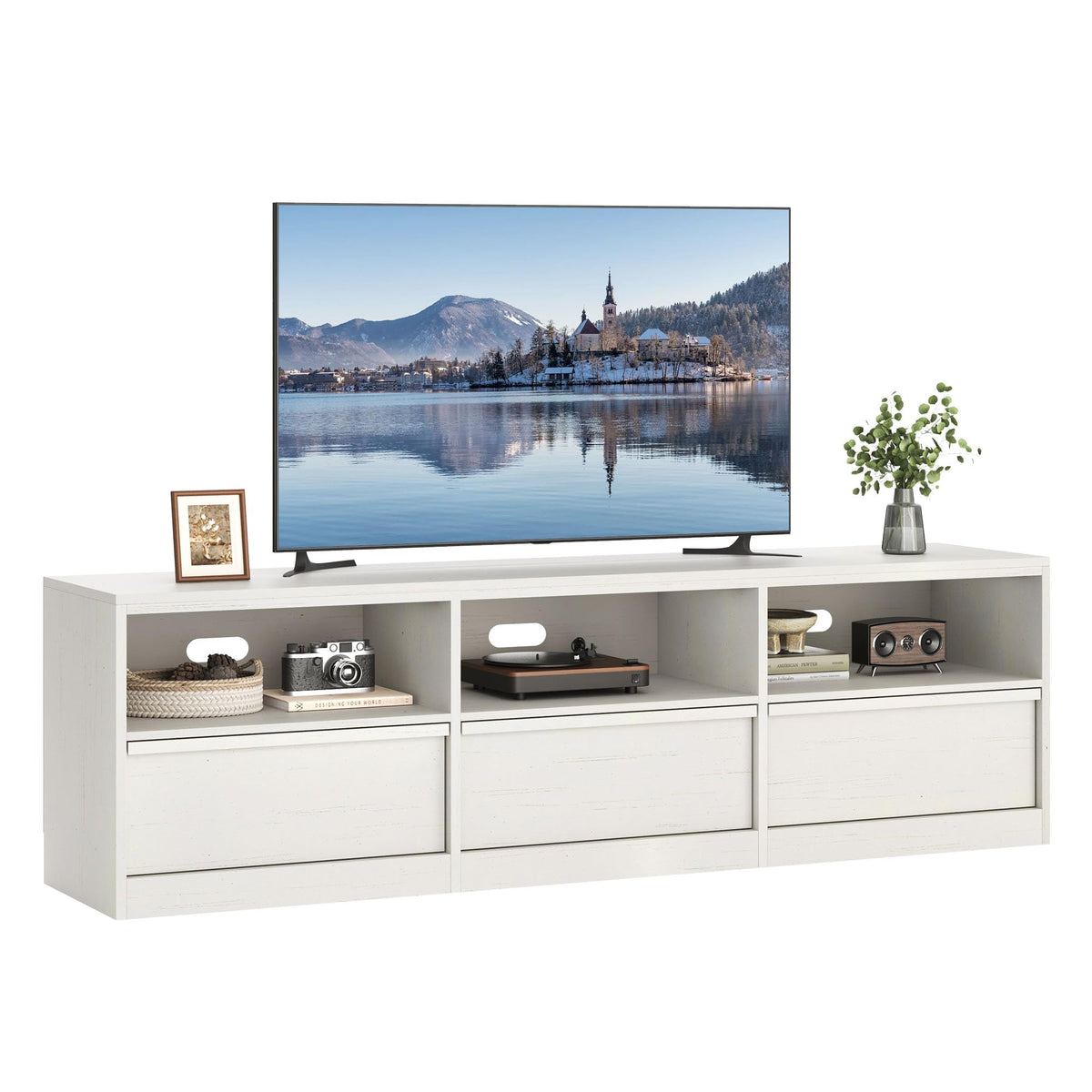 70 Inch TV Stand, Mid-Century Modern Entertainment Center with 3 Drawers & Open Shelves - Heavy Duty Media Console for 65/75 Inch TVs, Gray Living Room TV Cabinet, White
