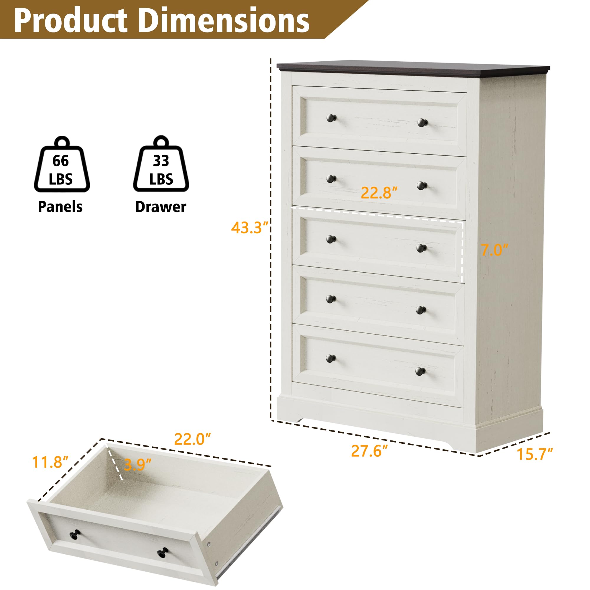 LOUVIXA Farmhouse Bedroom Sets of 4, 4Pcs Farmhouse Dresser Set，Including 9 Drawer Dresser, 5 Drawer Dressers and Nightstand Set of 2 with Charging Station (White Sets, 4 Pieces)