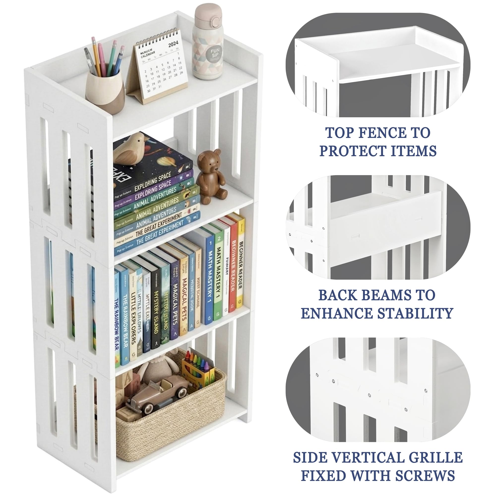 HAYOFAMY Bookshelf, Bookcase for Small Spaces, 4 Tier Shelf White Book Organizer Storage Display Rack for Kids Room, Living Room, Office, Bedroom and Bathroom