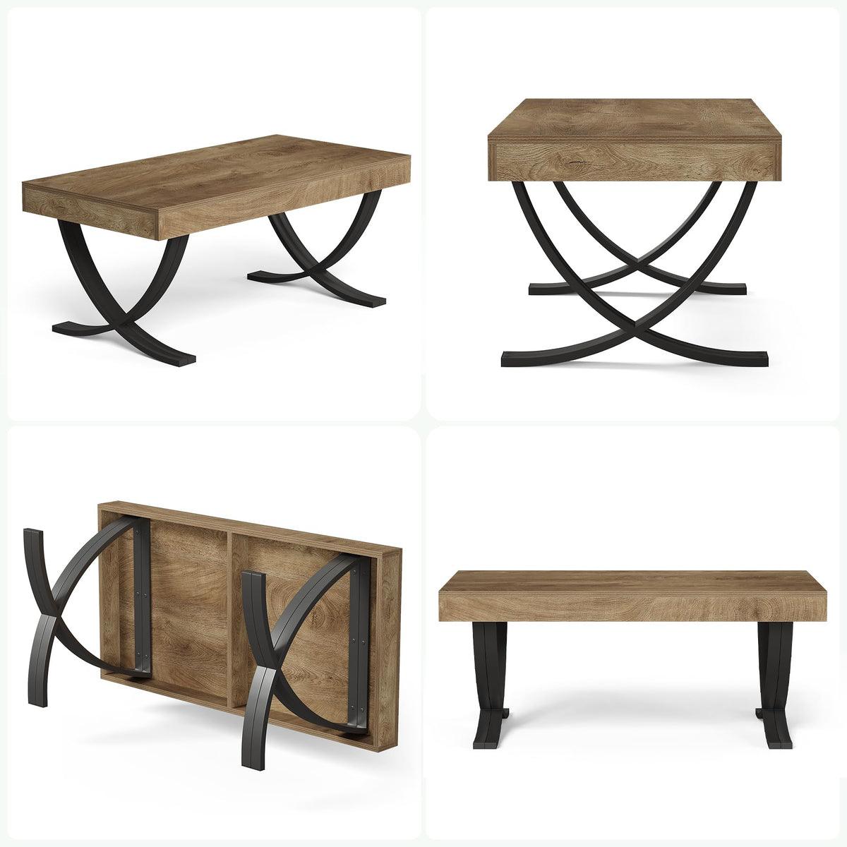 LITTLE TREE 47” Coffee Table, Rectangle Center Table for Living Room, Industrial Modern Living Room Table, Wood Coffee Table with Curved Cross Legs, Thickened Wood Grain Top, Rustic Brown & Black
