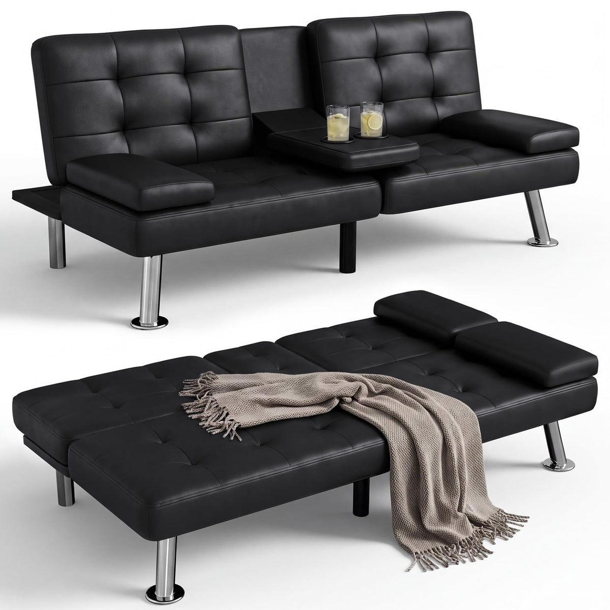 JUMMICO Faux Leather Futon Sofa Bed, Sleeper Sofa with Adjustable Backrest