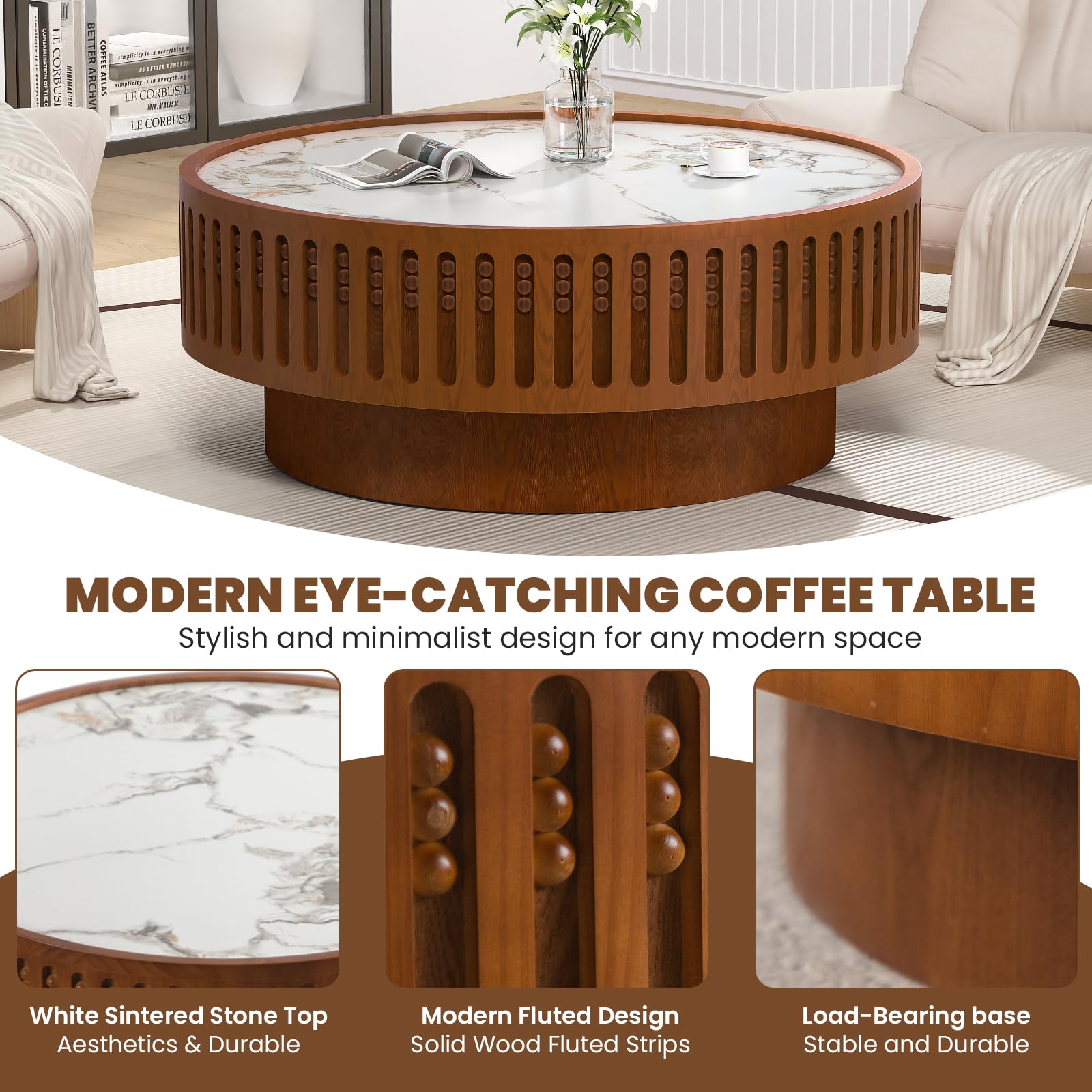 JHKZUDG 35.4" Round Coffee Table with Sintered Stone Tabletop, Wooden Fluted Coffees Table, Circle Accent Center Table for Living Room Apartment Office Small Space (35.4" Coffee Table)