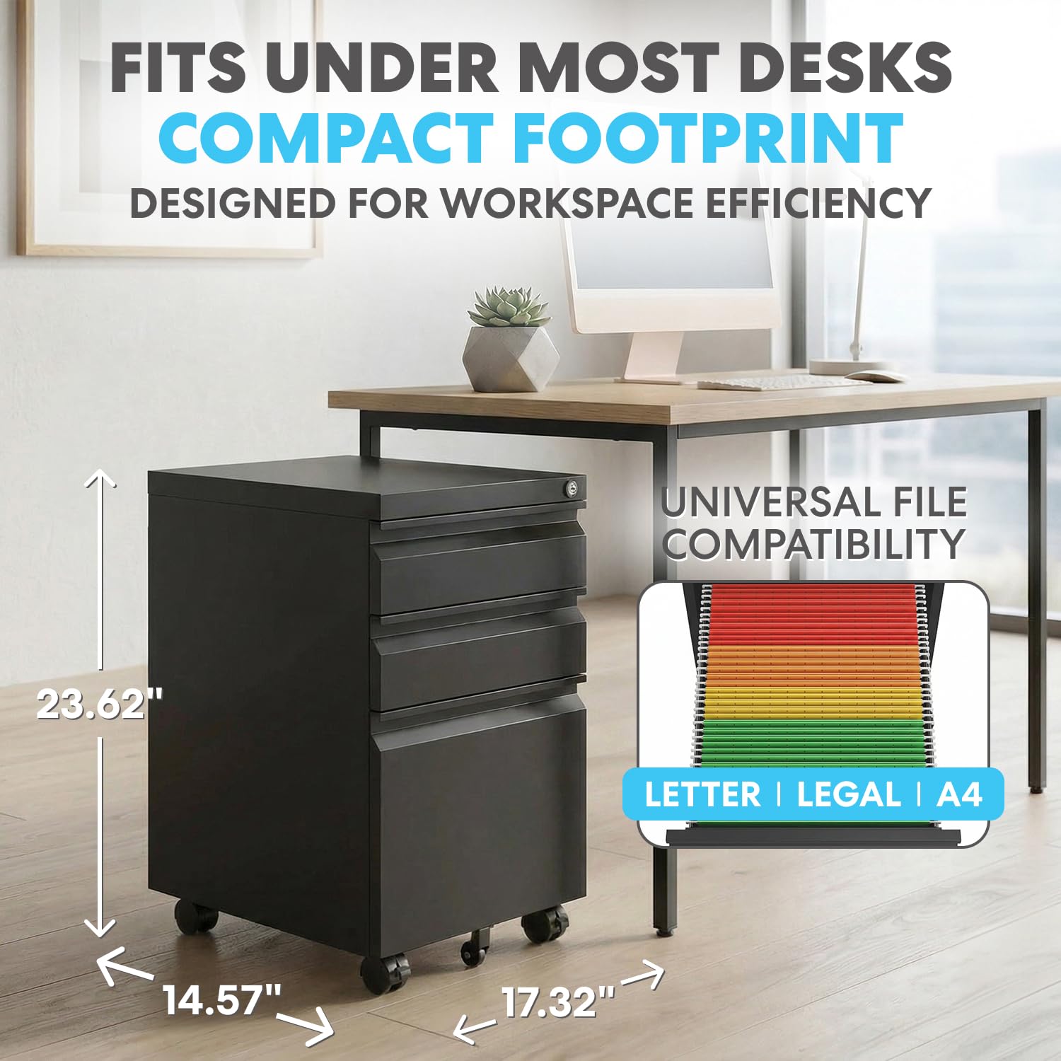 3-Drawer Rolling Metal File Cabinet with Lock