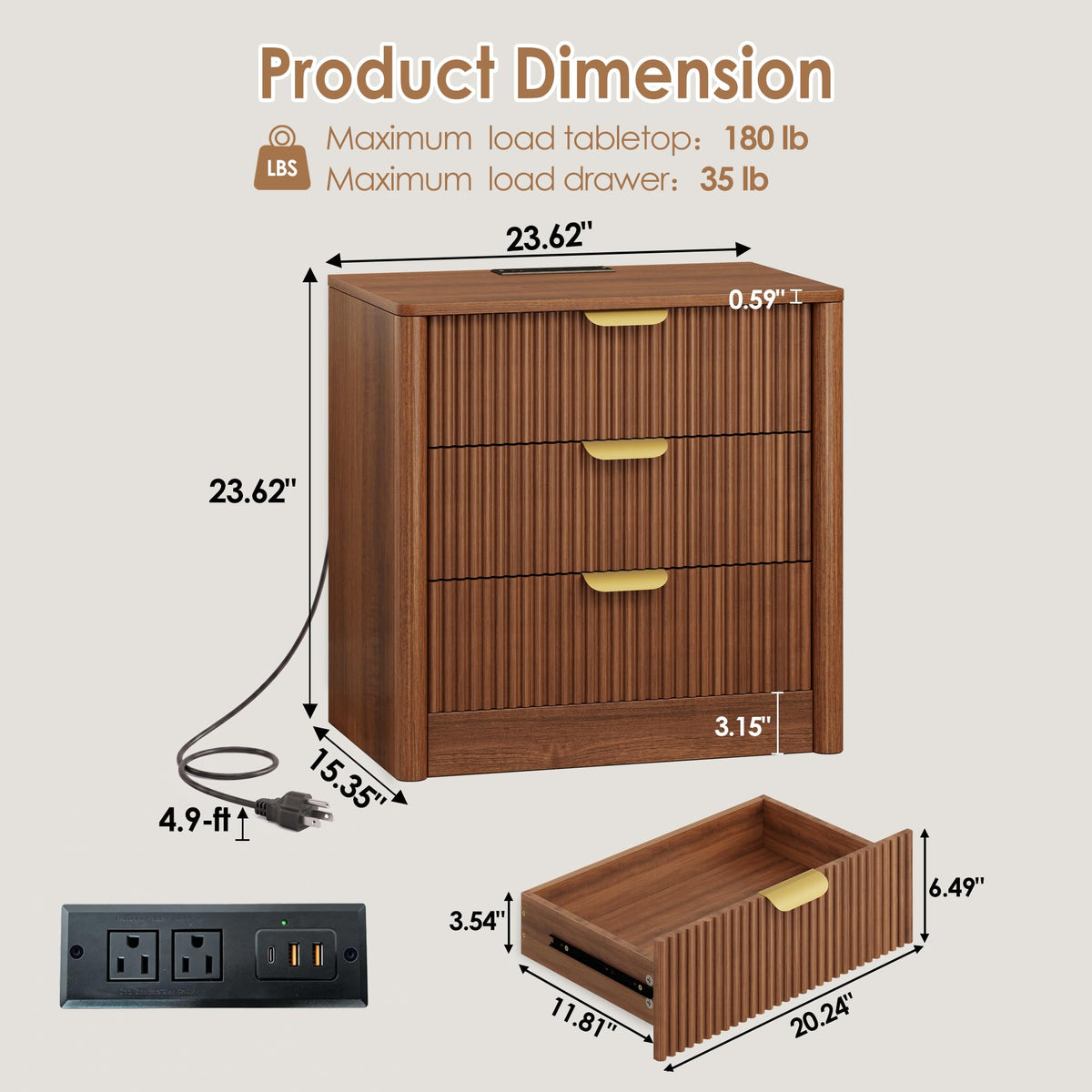 PLRSOZIM 23.6" Walnut Fluted Nightstand with Charging Station and 3 Drawers