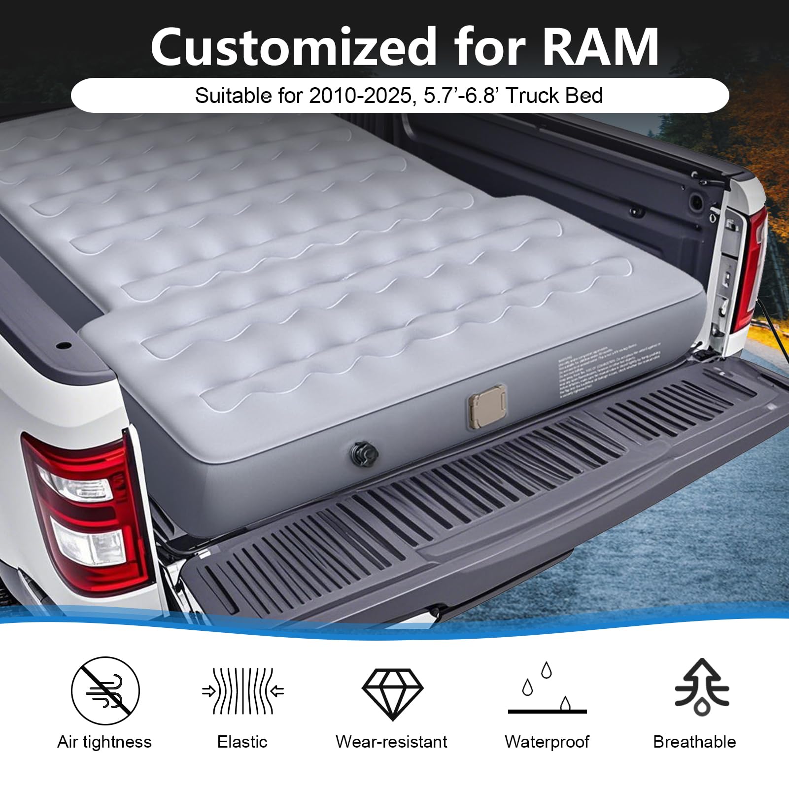 VINBYEE Customized for Ram Truck Bed Mattress 6.4Ft, Self-Inflating Portable Pickup Air Mattress, Ram Truck Camping Mattress with Cordless Air Pump, Ram 1500 2500 3500 Accessories 2025-2018