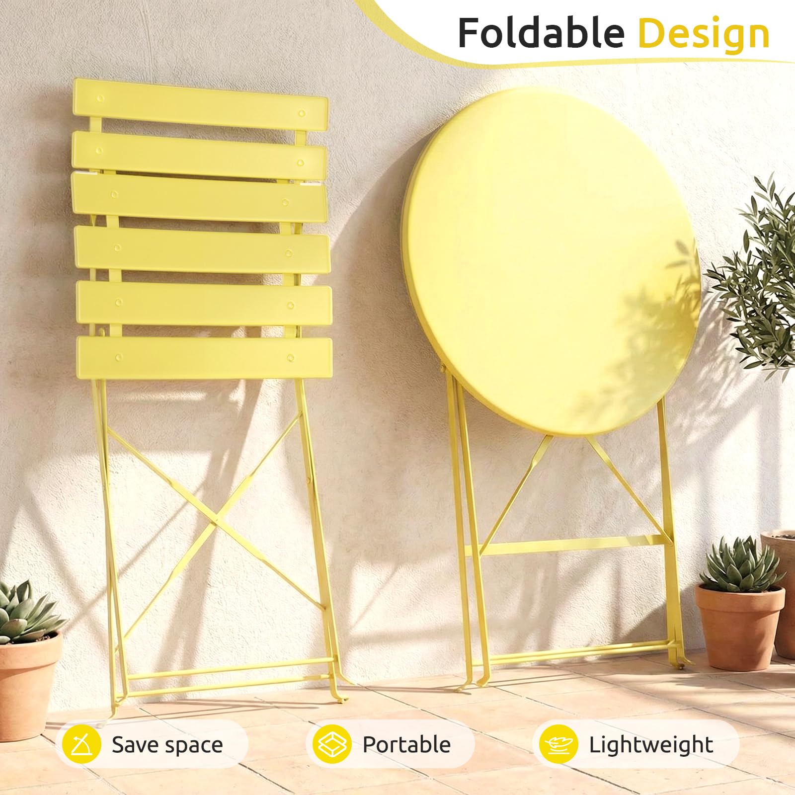 LIFERUN 3-Piece Folding Bistro Set Outdoor, Powder Coated Weatherproof Patio Furniture Set, Bistro Table and Chairs Set of 2 for Cafe, Patio, Garden, Balcony, Space Saving, Yellow