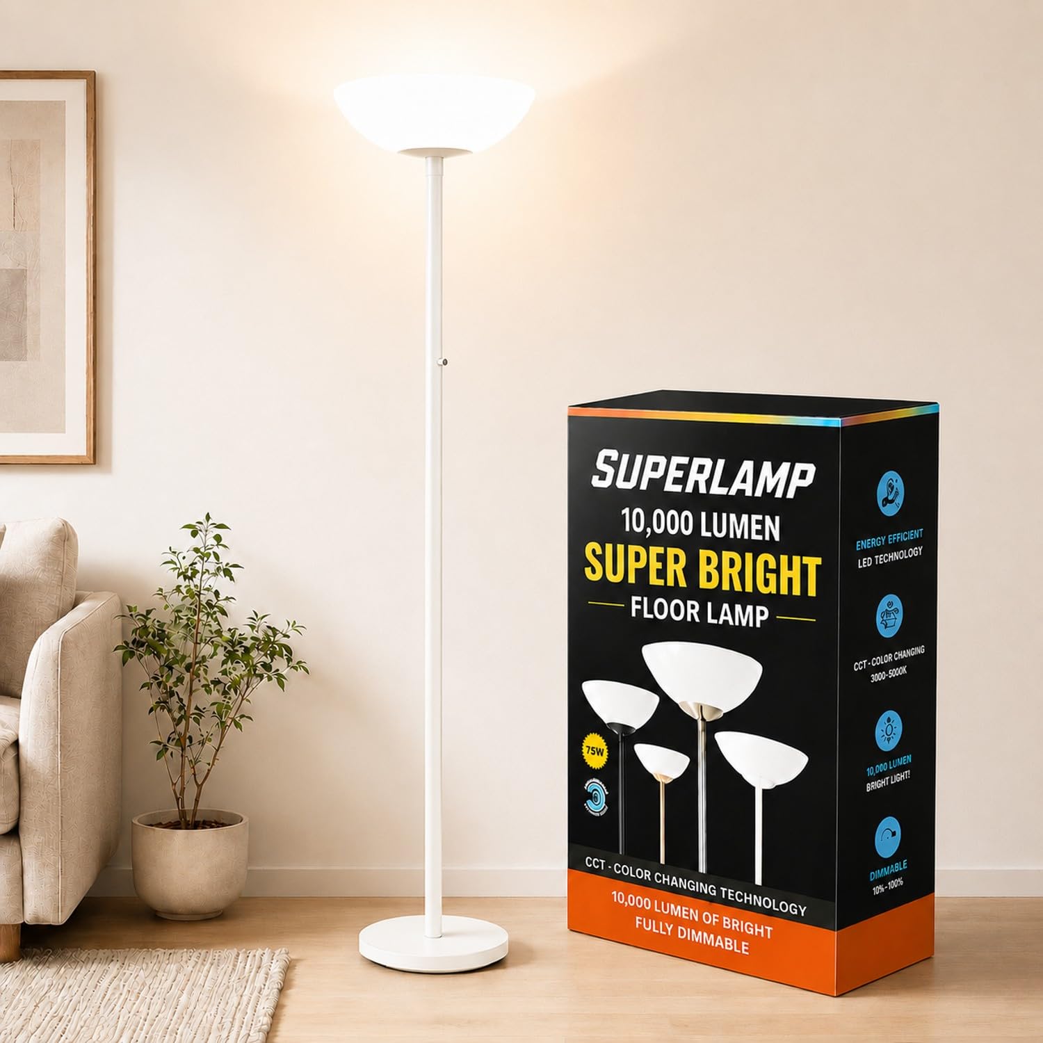 LED Floor Lamp 10000 Lumen Dimmable with Acrylic Shade