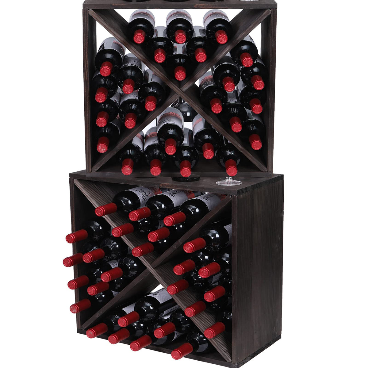 FDHUIJIA Wine Racks countertop Solid Wood Stackable Storage Rustic Retro Cube 48-Bottle Wooden Wine Rack Wine Cabinet(48BottleBlack)