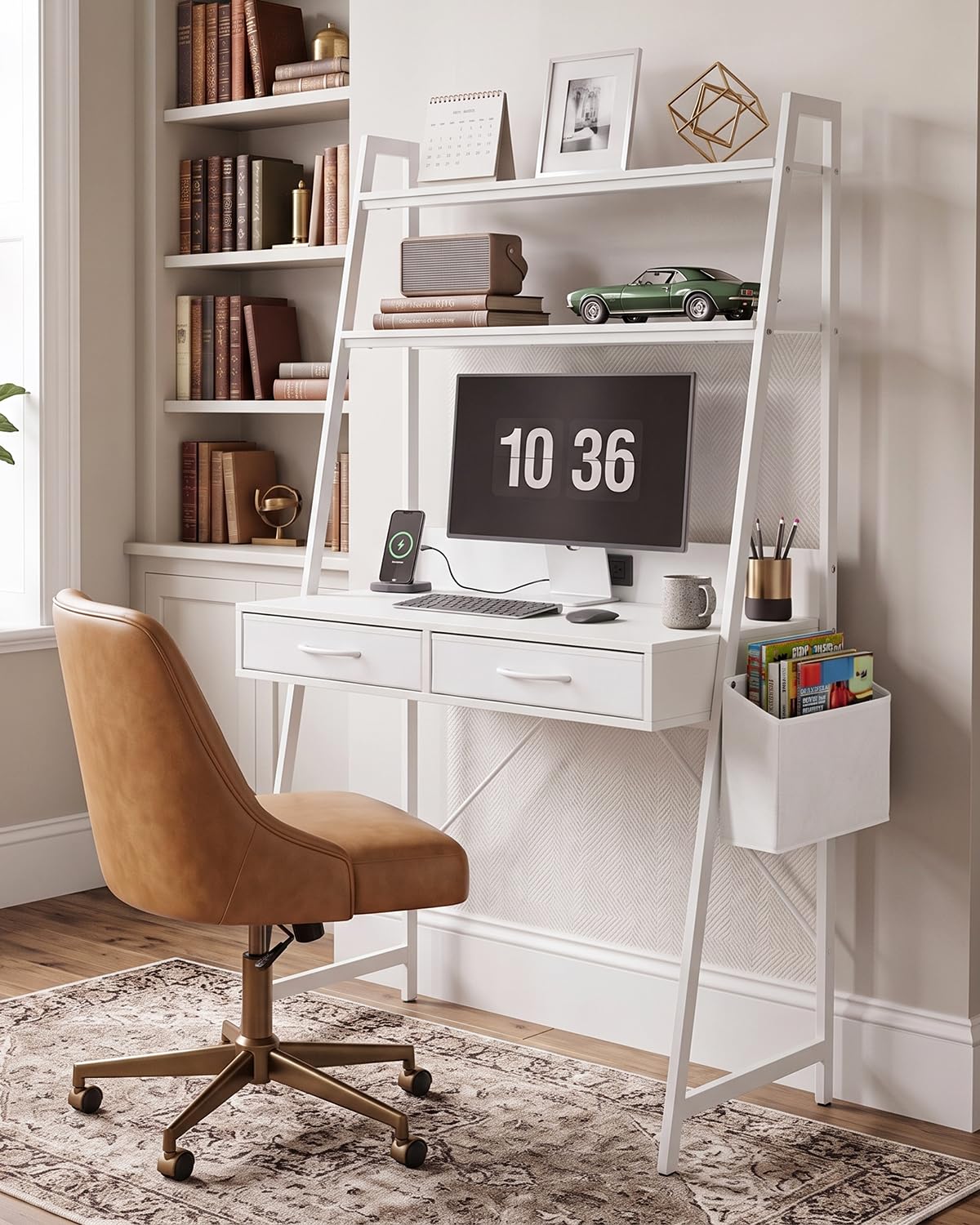 Home Office Desk with Storage and Drawer, Computer Desk with 2-Tier Shelves