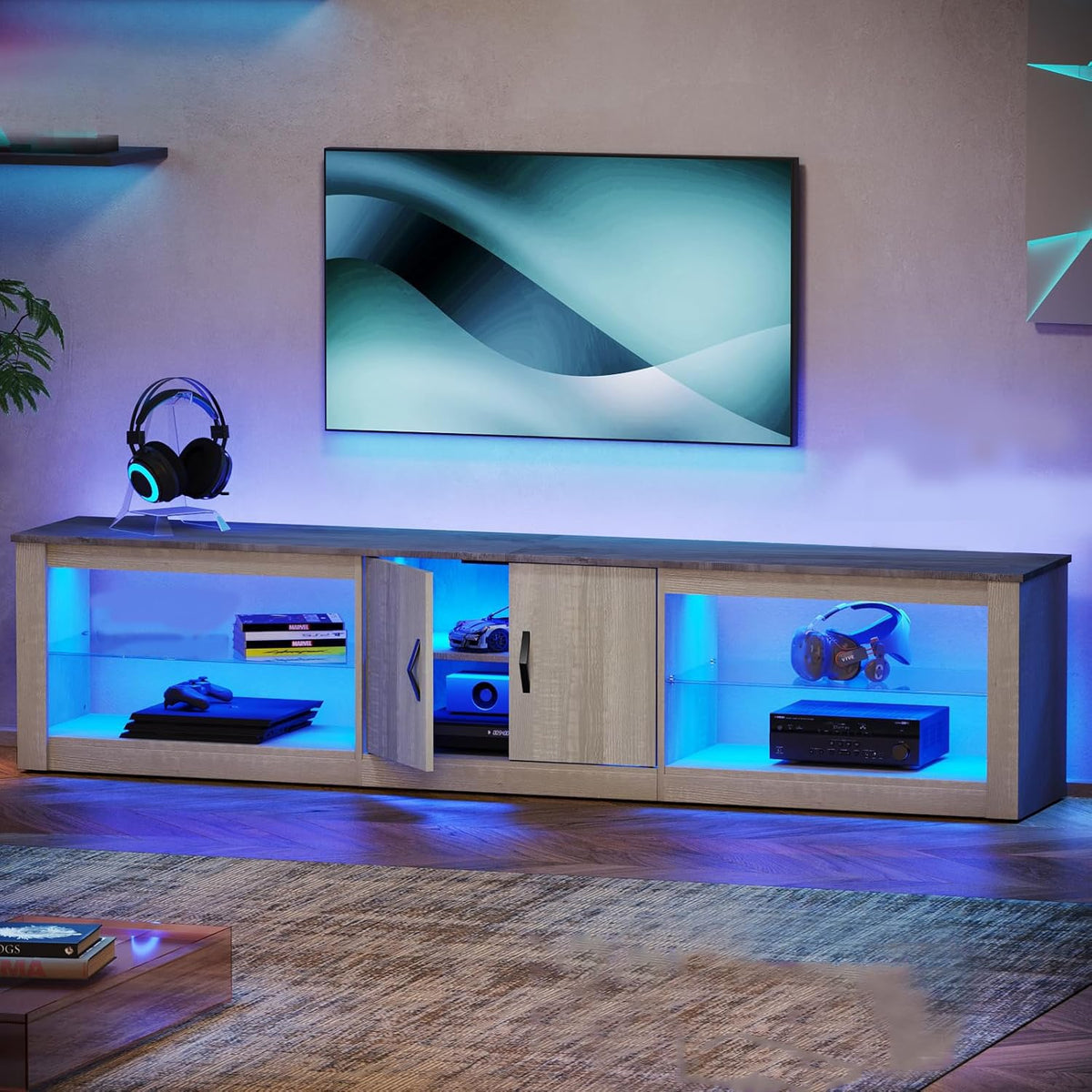 Bestier 80 Inch TV Stand for 75/77/85/86 inch TVs, LED Gaming Entertainment Center for PS5 with Storage Cabinet &Adjustable Glass Shelves, Modern TV Console Table for Living Room Bedroom, Wash White