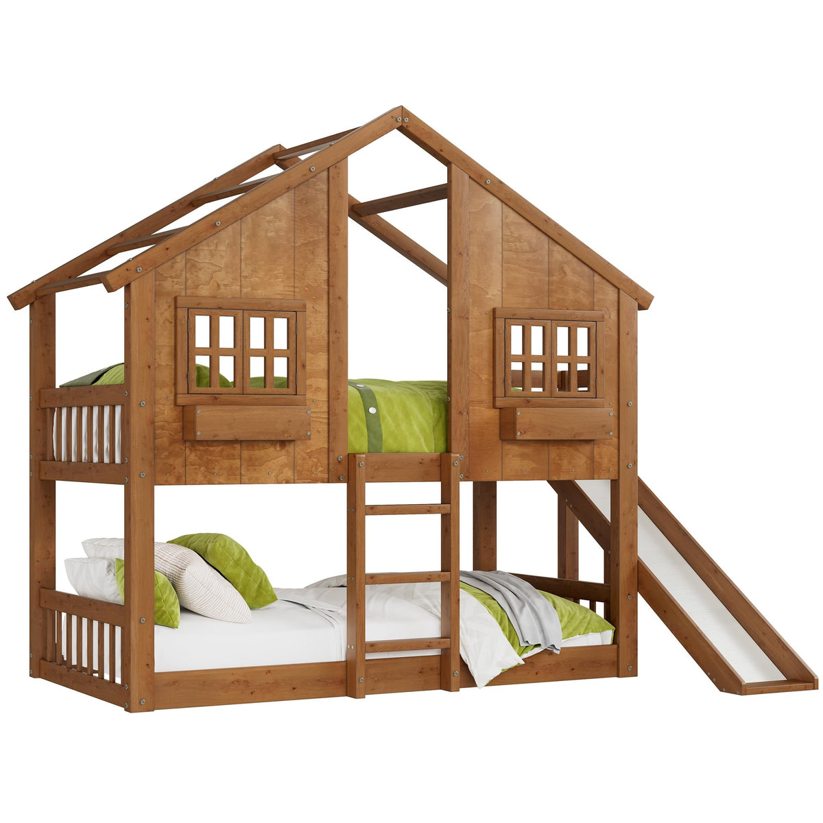 Jocisland Twin Over Twin Bunk Bed with Slide and Ladder, Solid Wood, Oak
