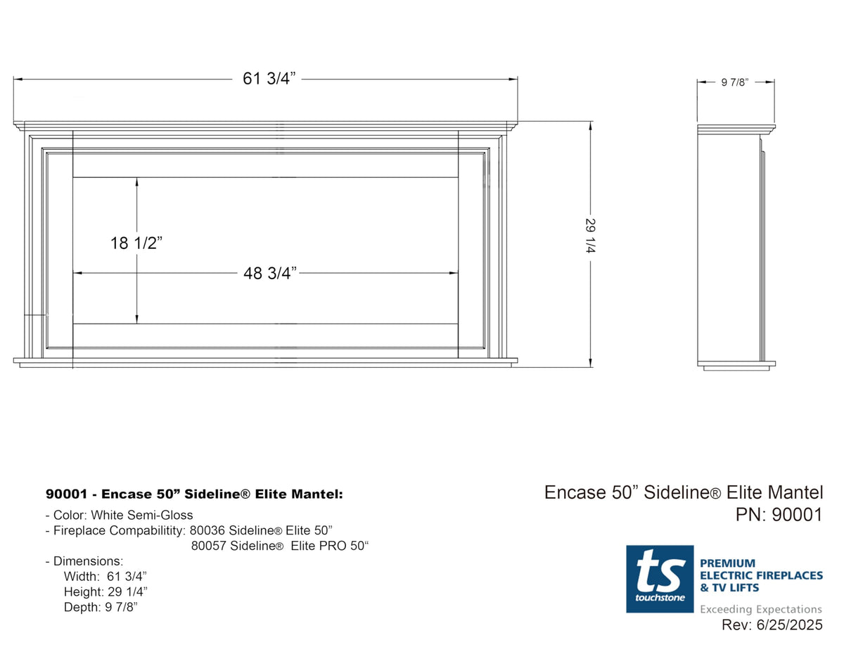 Touchstone Sideline Elite 50" Smart Electric Fireplace with Surround Mantel - 1,500W Heater
