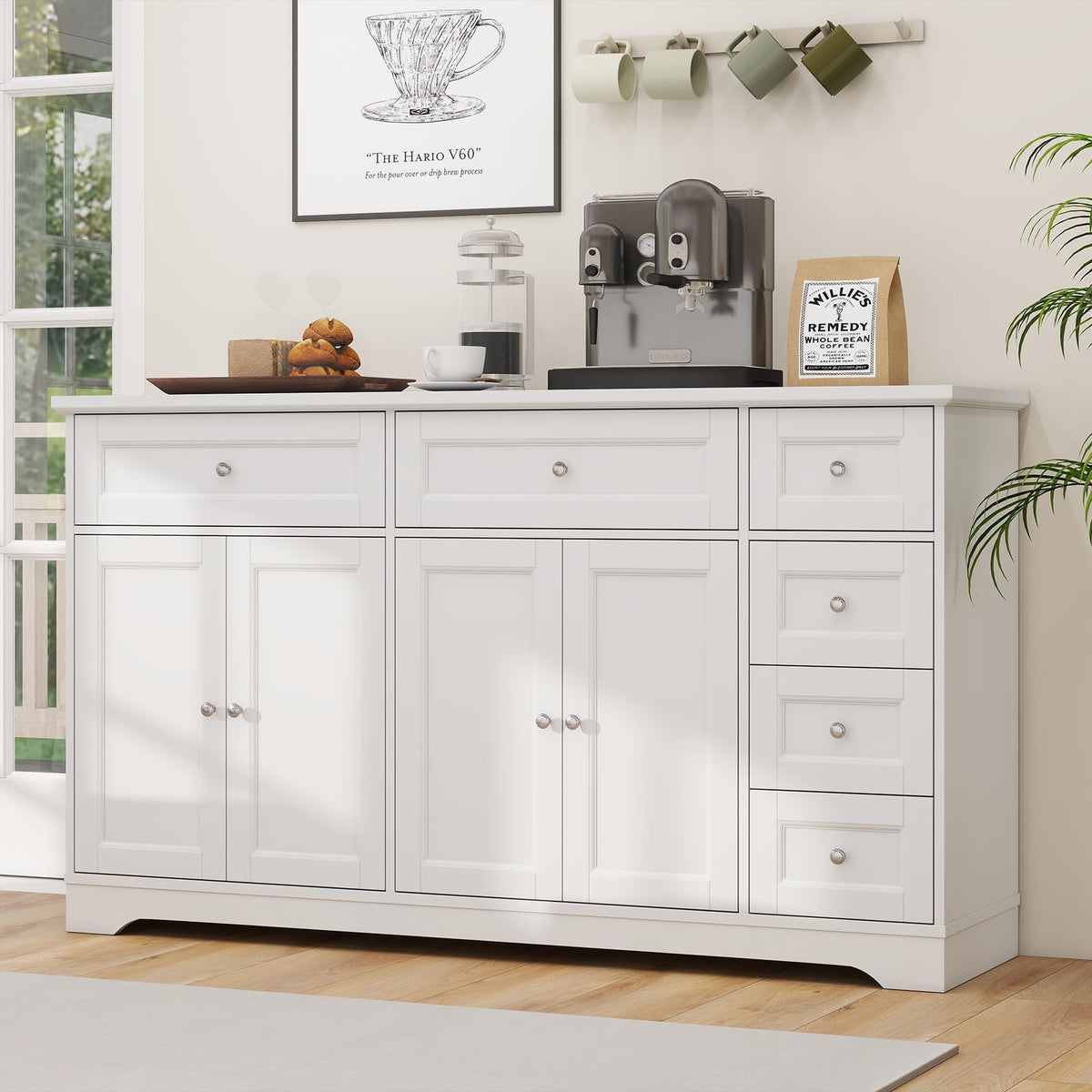 White Buffet Sideboard with 6 Drawers