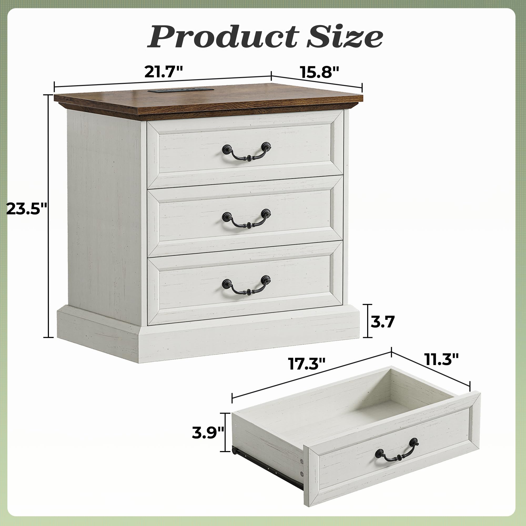 Farmhouse Nightstand with Charging Station & 3 Drawers