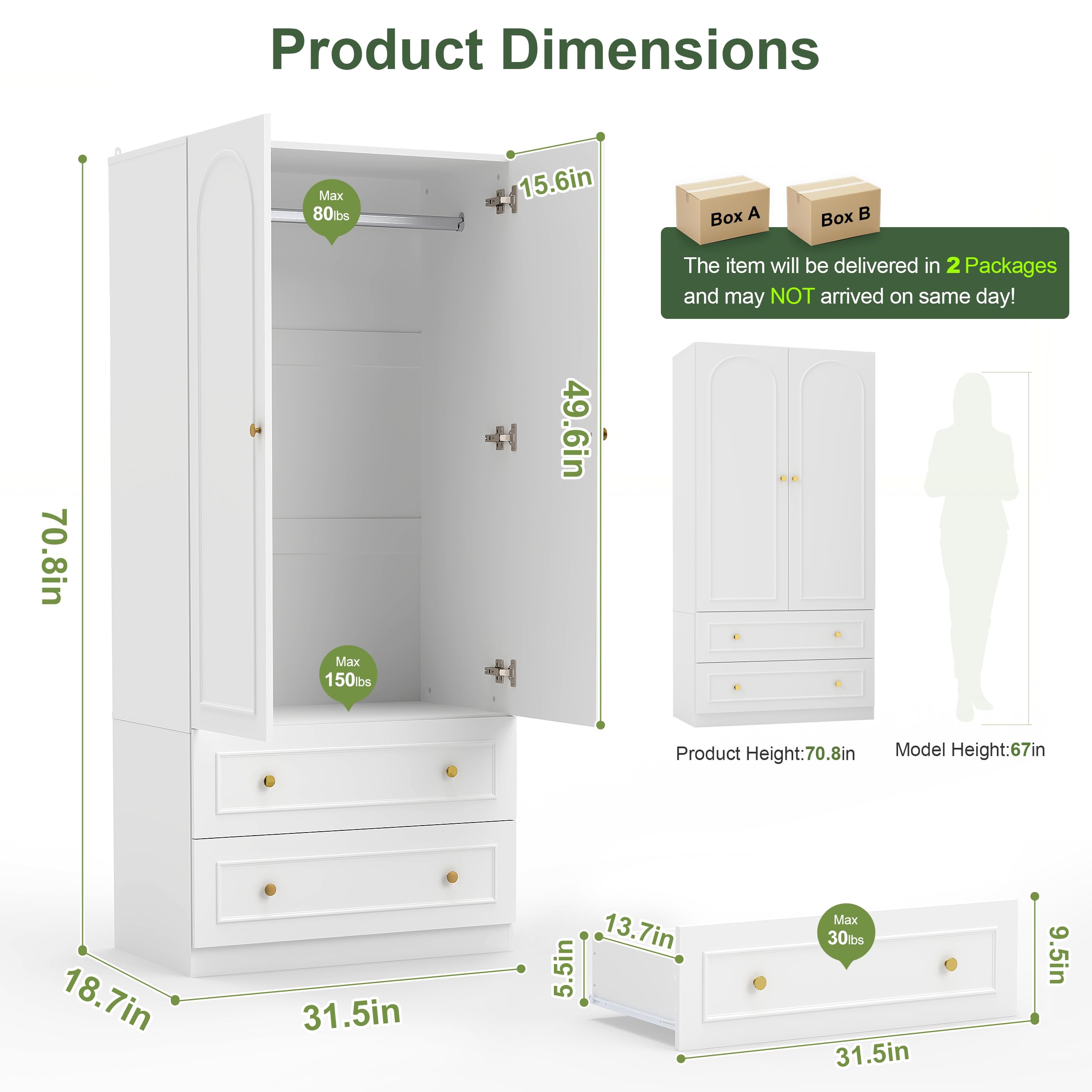 Wooden Armoire Wardrobe Closet with 2 Doors & 2 Drawers