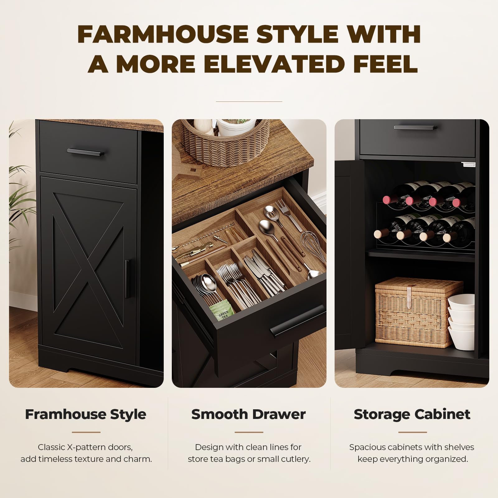 Aauro Home Large Coffee Bar Cabinet with Fridge (Fridge Included), 47'' Farmhouse Bar Cabinet with Wine Storage, Buffet Sideboard Table Station with 2 Drawers & Large Countertop for Home, Black
