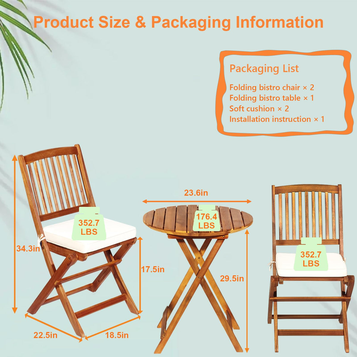 S AFSTAR Bistro Table and Chairs Set of 2, Acacia Wood Folding Bistro Set for 2 with Detachable Soft Cushions, 3PC Outdoor Wood Bistro Set for Patio, Balcony, Garden & Yard (Natural Color)