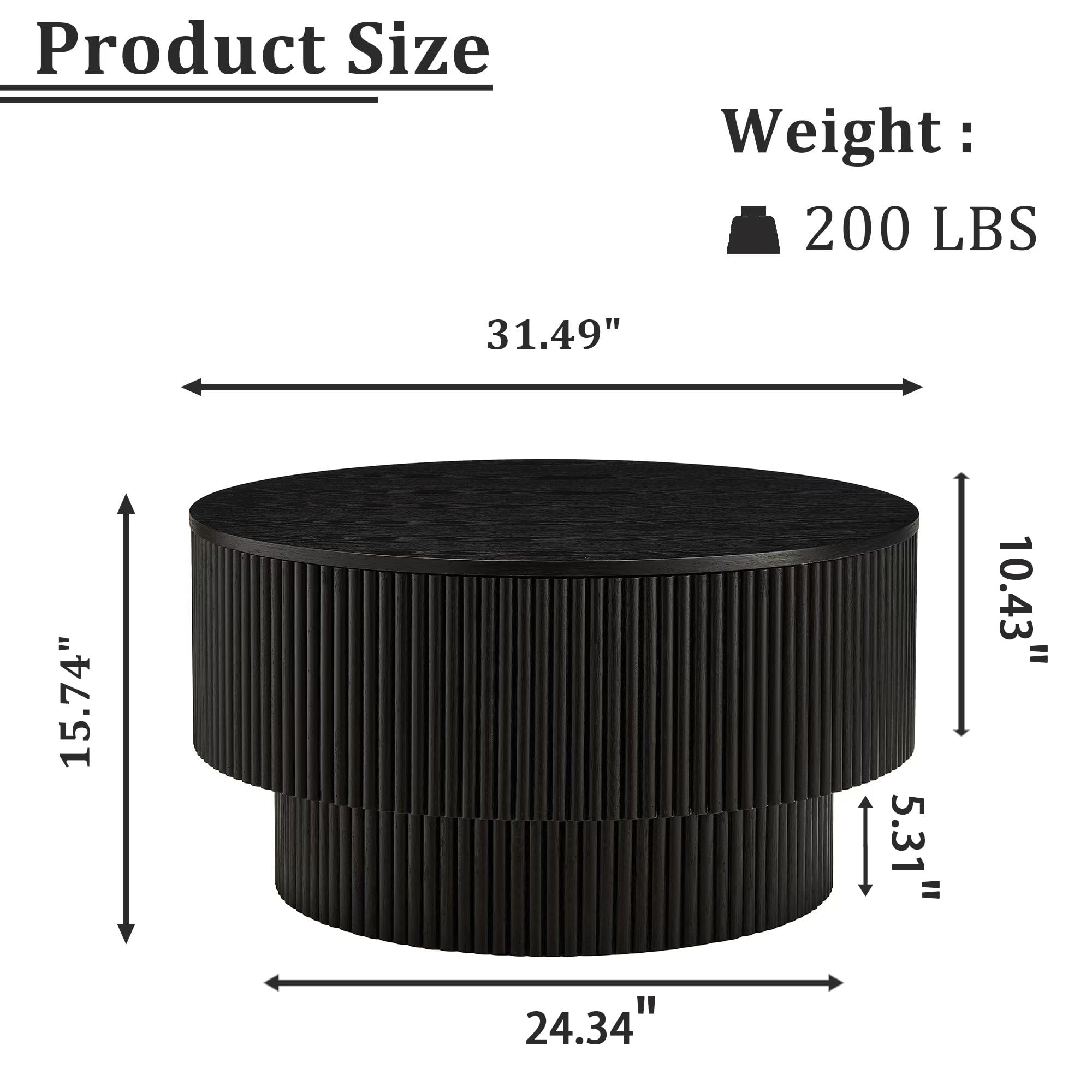 31.49" Wood Round Coffee Table for Living Room, Fluted Circle Coffee Table with Storage, Modern Handcraft Coffee Table for Apartment, Easy Assembly(Black, 31.49"x31.49"x15.74")