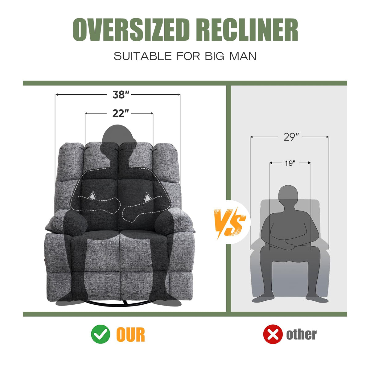 Oversized Swivel Rocker Recliner for Adult, Overstuffed Extra Wide Manual Recliner, Rocking Sofa Chair with Soft Padded Headrest and Armrest for Living Room,Chenille Grey