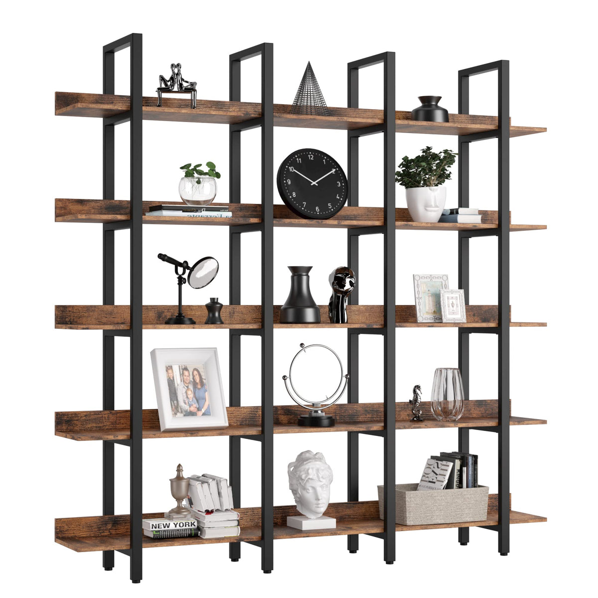 Triple-Wide 5-Tier Industrial Bookshelf