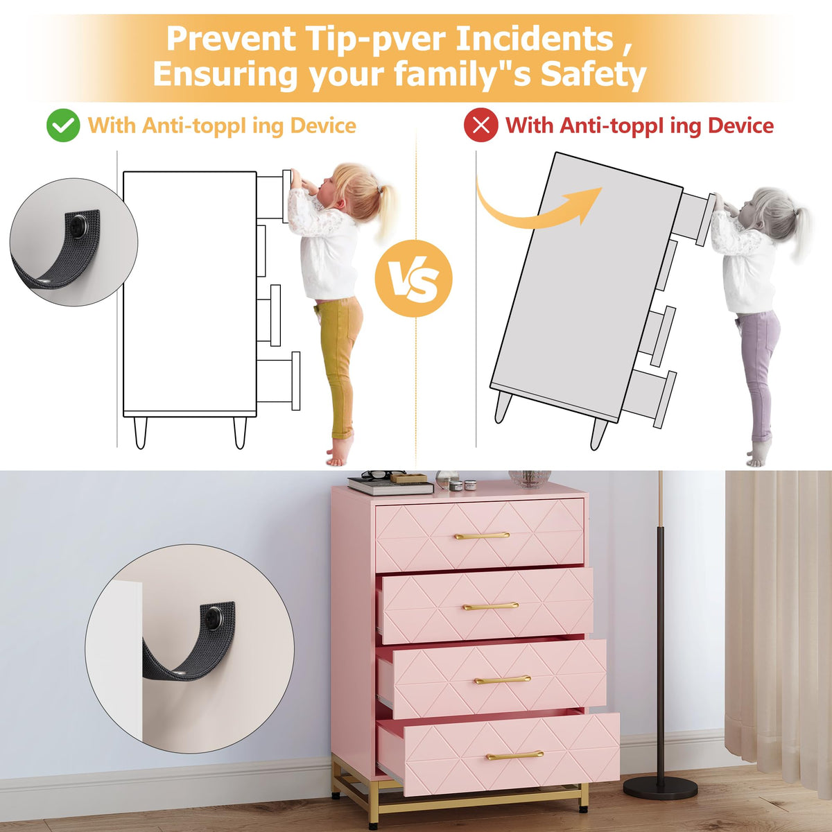 Pink 4-Drawer Dresser