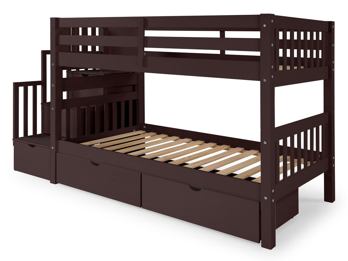 Bedz King Stairway Bunk Beds Twin Over Twin, 3 Step Drawers, 2 Storage Drawers, Dark Cherry