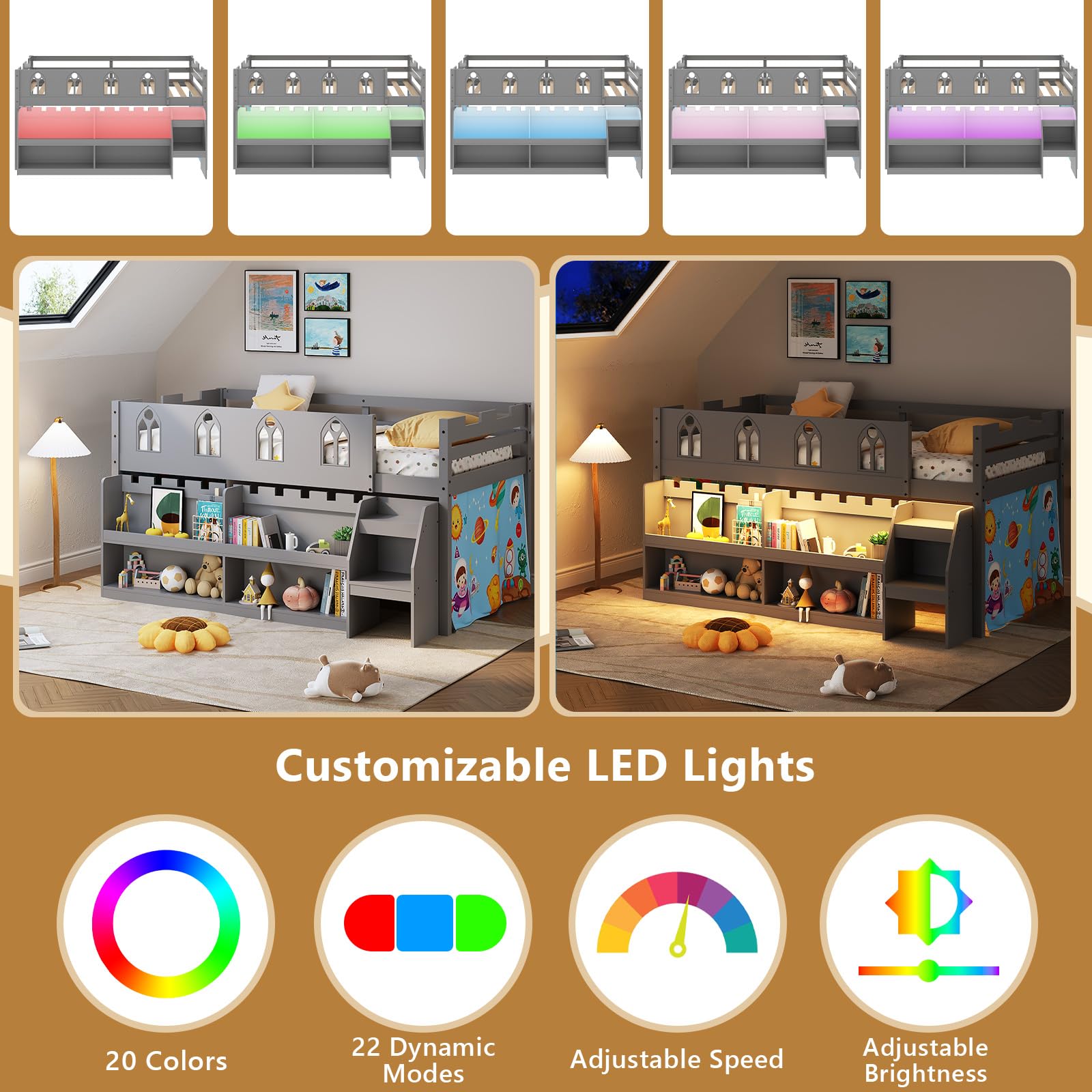 Twin Low Loft Bed with LED Lights & Storage