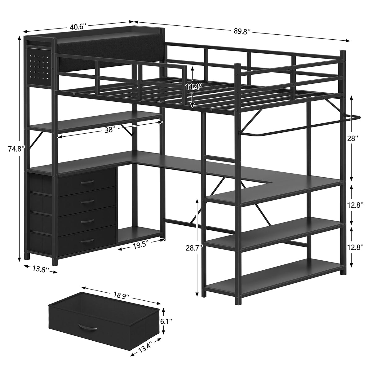 Black Loft Bed Twin Size with Storage Upholstered Headboard & U-Shaped Desk