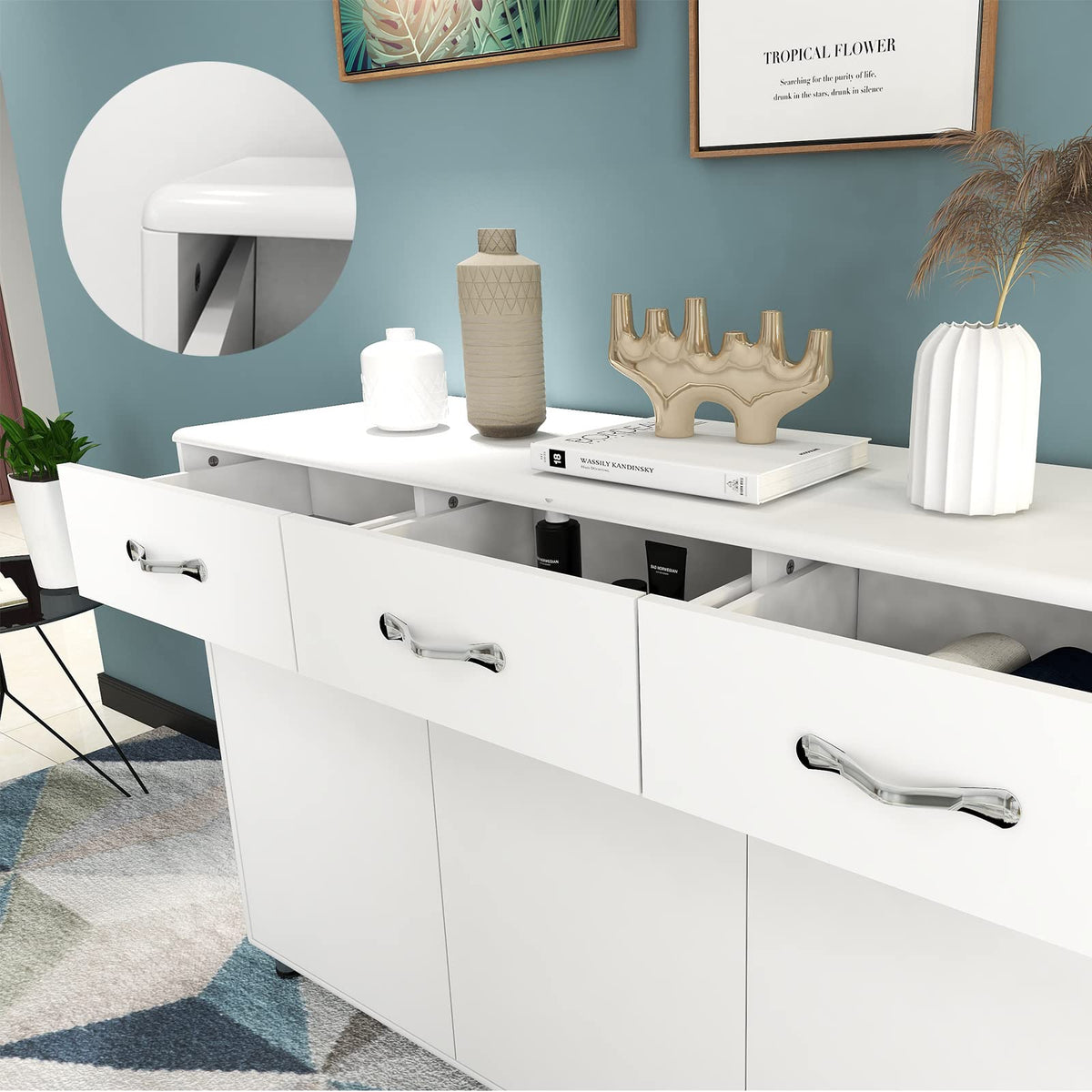 GLCHQ Storage Drawer File Cabinet Side Cabinet Entryway Console Side Tables with Three Drawers and Three Doors for Office or Kitchen Room (Three Doors, White)