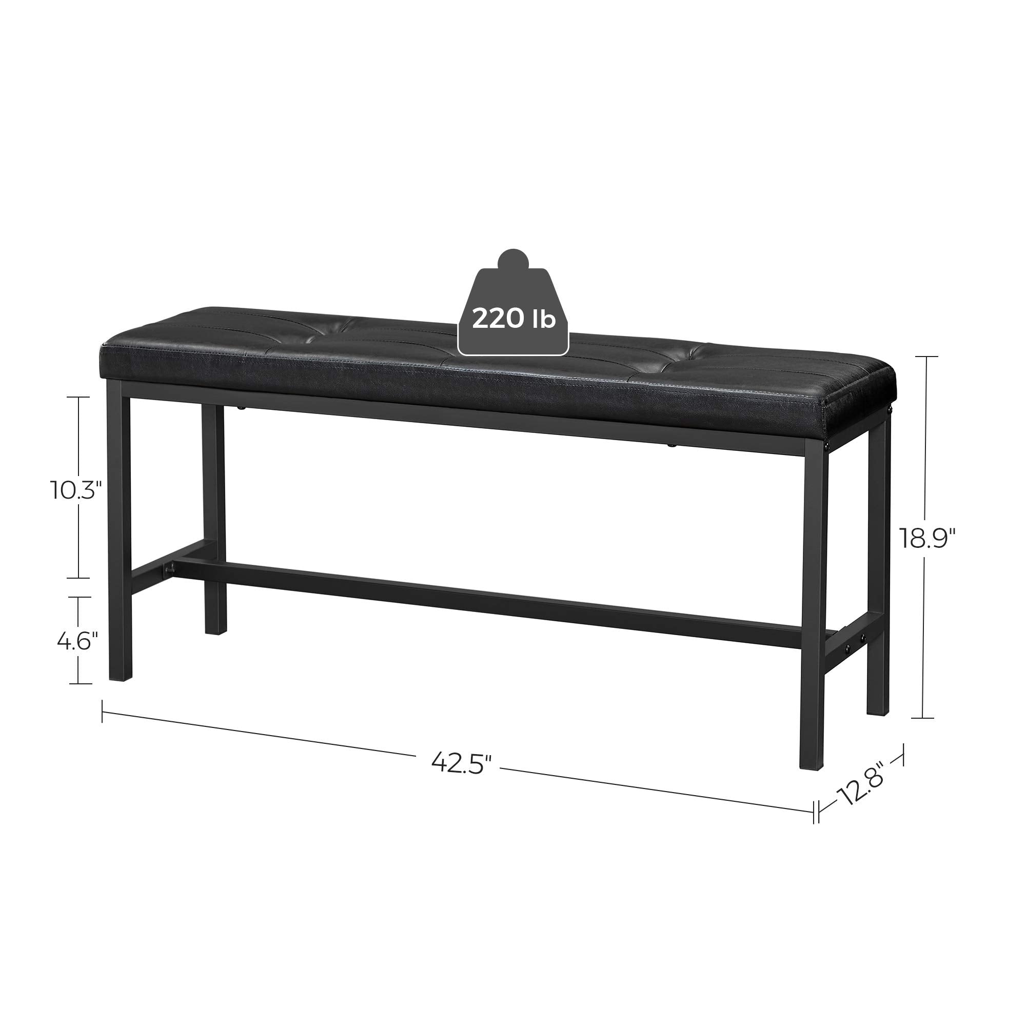VASAGLE Dining Table Bench, Ottoman Bench with PU Leather Padded Seat, Steel Frame, 42.5 x 12.8 x 18.9 Inches, for Dining Room, Living Room, Hallway, Bedroom, Black UKTB034B81