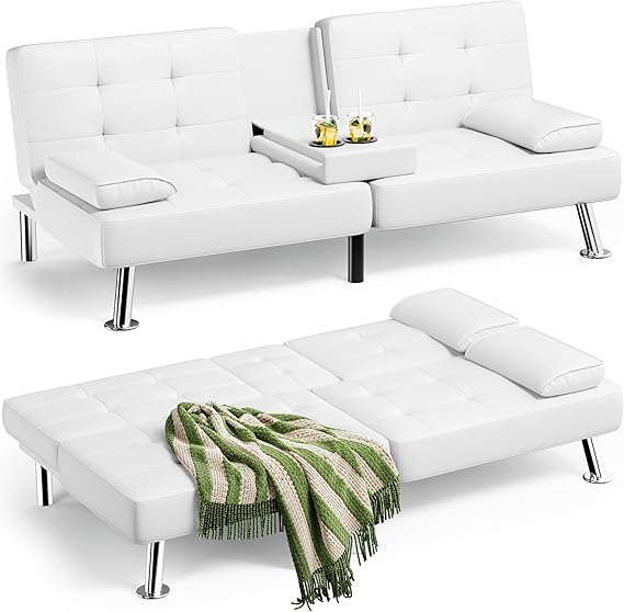 Faux Leather Futon Sofa Bed with Adjustable Backrest & Cup Holders