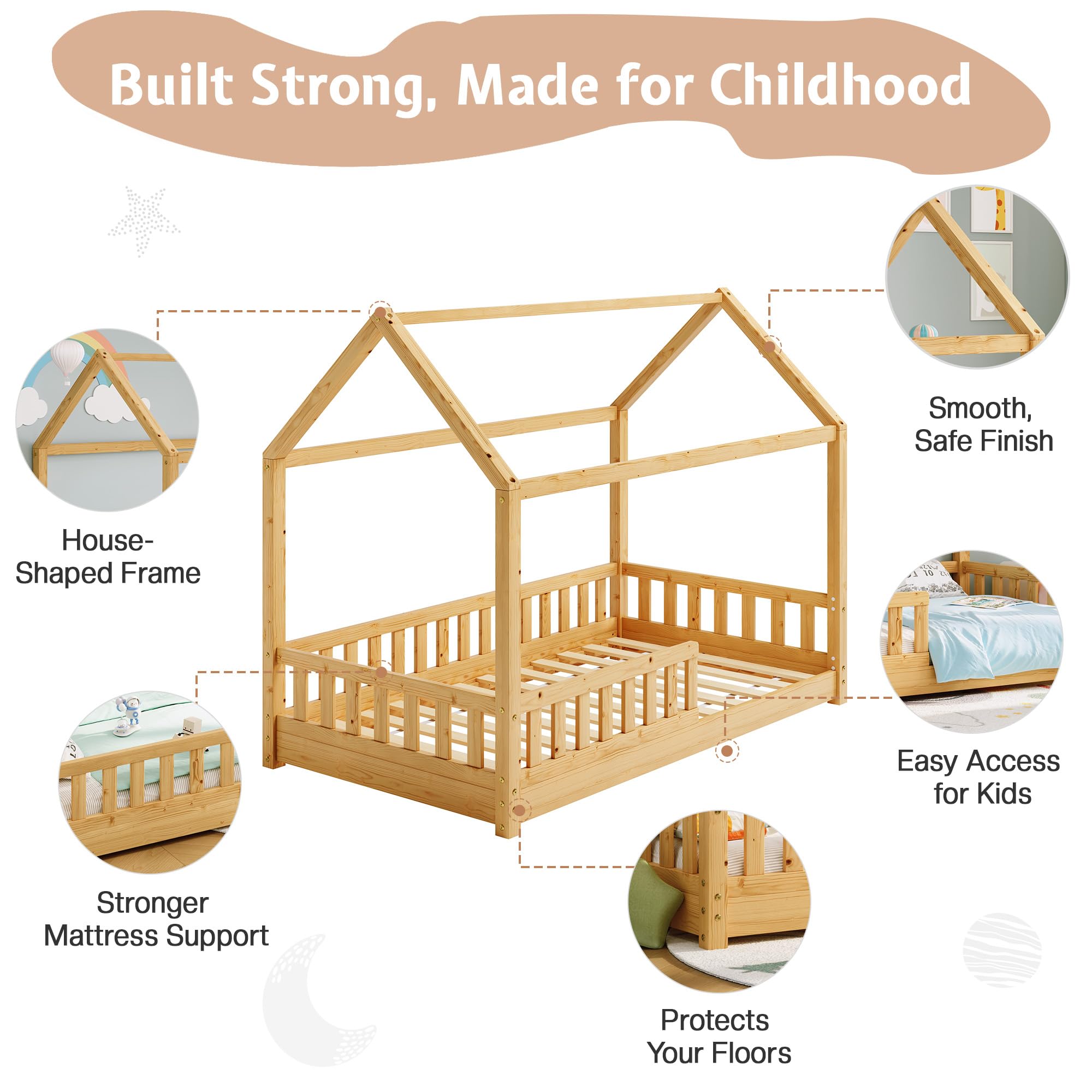 Jocisland Twin Size House Bed for Kids, Montessori 100% Wooden Floor Bed Frame with Guardrails, Removable Rails, Playhouse Roof, Easy Assembly, Toddler Floor Bed for Boys & Girls, Natural Wood