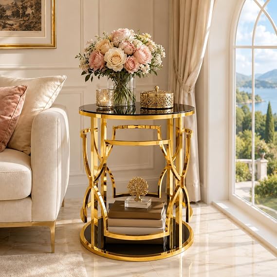 Glass Side Table with Gold Frame