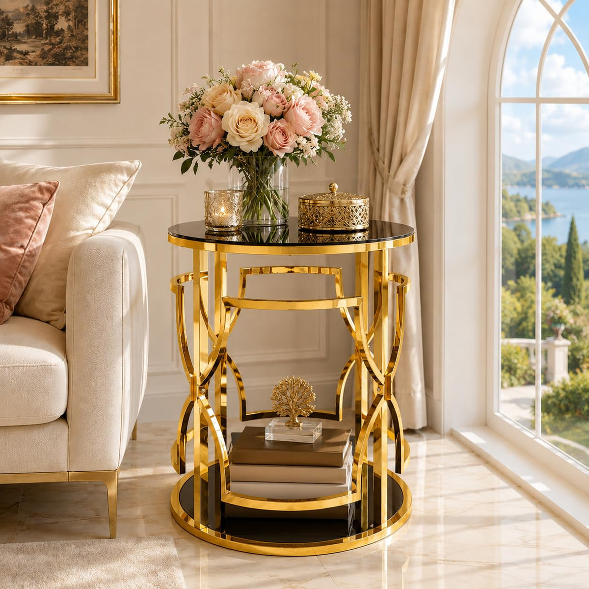 Glass Side Table with Gold Frame