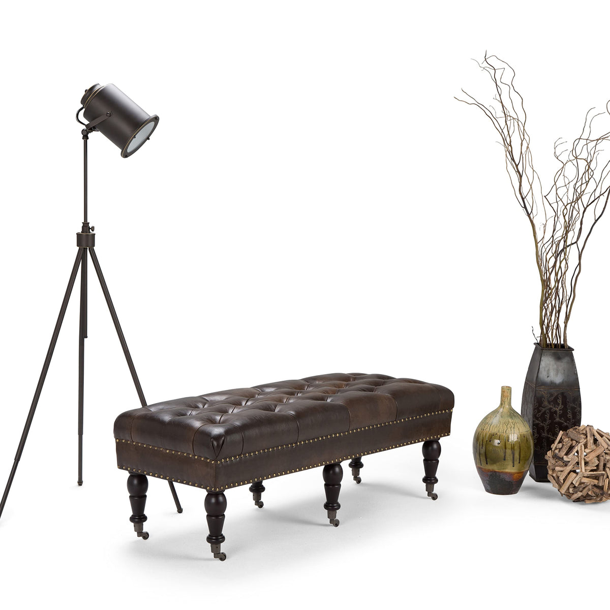 Brown Tufted Leather Ottoman Bench