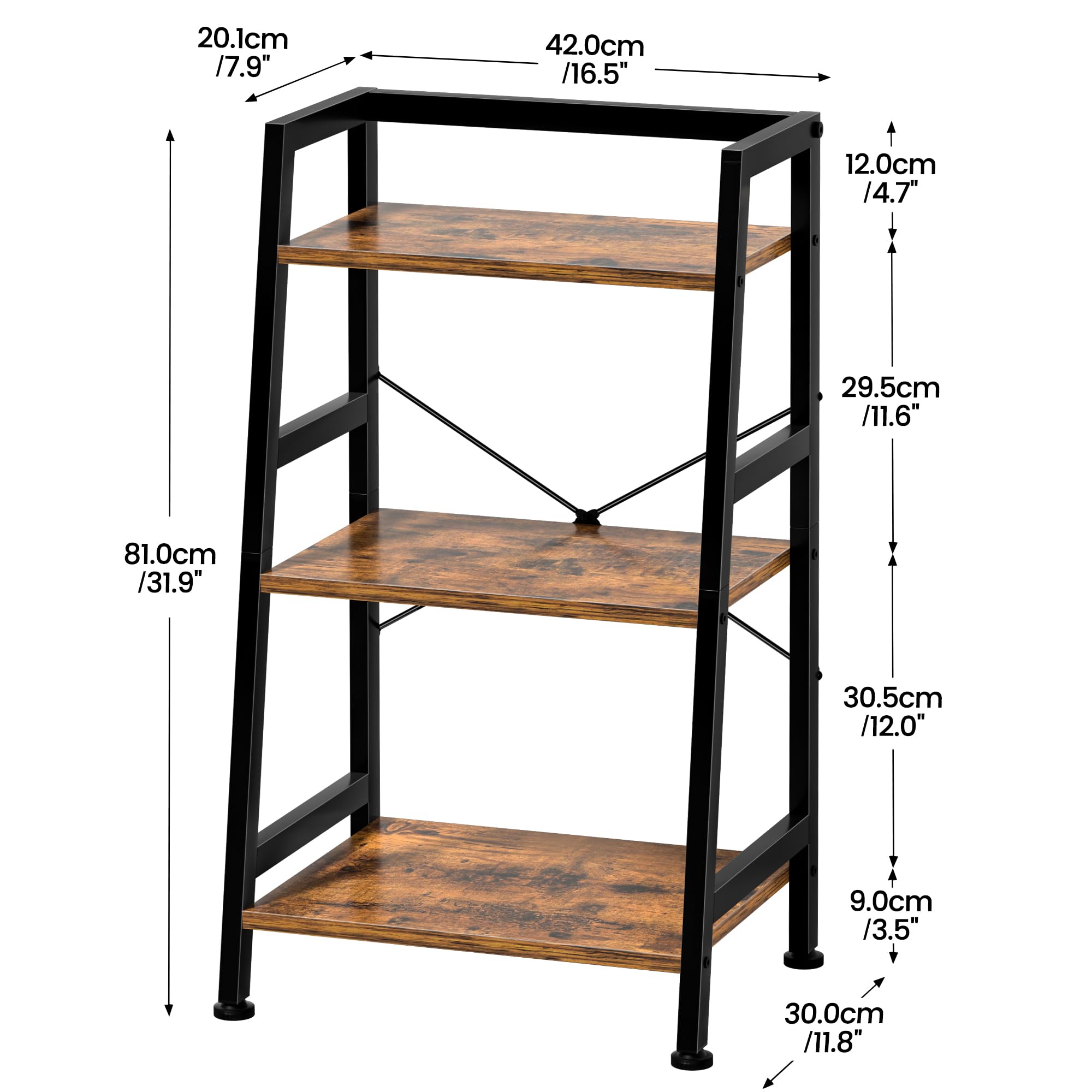 3-Tier Bookshelf, Ladder Shelf, Industrial Bookcase with Steel Frame, Metal Small Bookcase, stand up shelves for Living Room, Home Office, Kitchen, Bedroom, Industrial Style（Rustic Brown & Black）