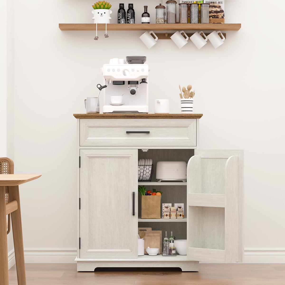 REDAYFUR Kitchen Storage Cabinet with Drawer, Buffet Cabinet with Storable Door, Modern Floor Sideboard, White Freestanding for Kitchen