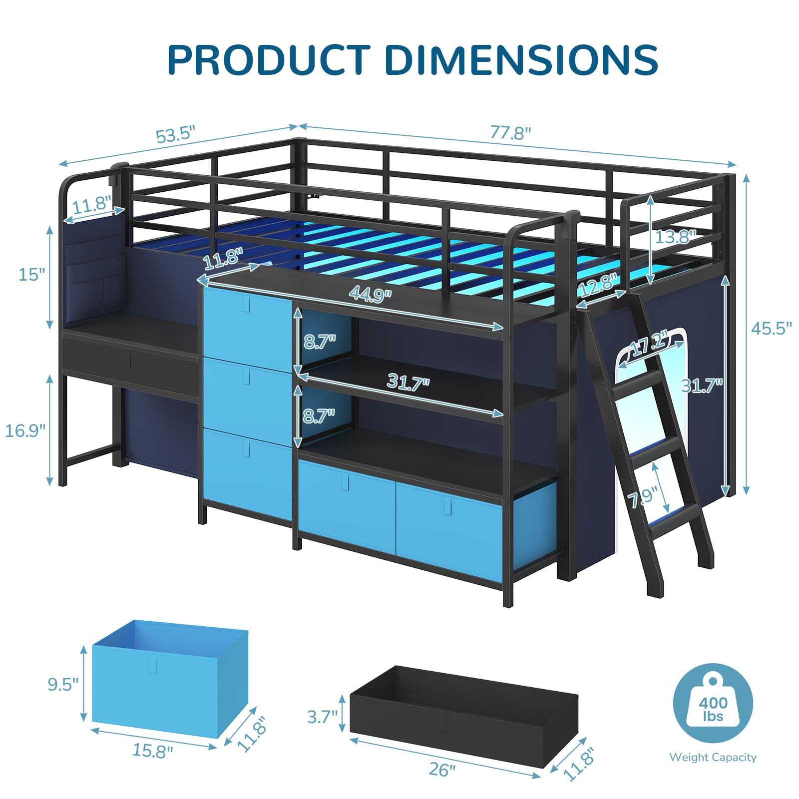 Kids Twin Low Loft Bed with Desk, Storage & LED Play Tent