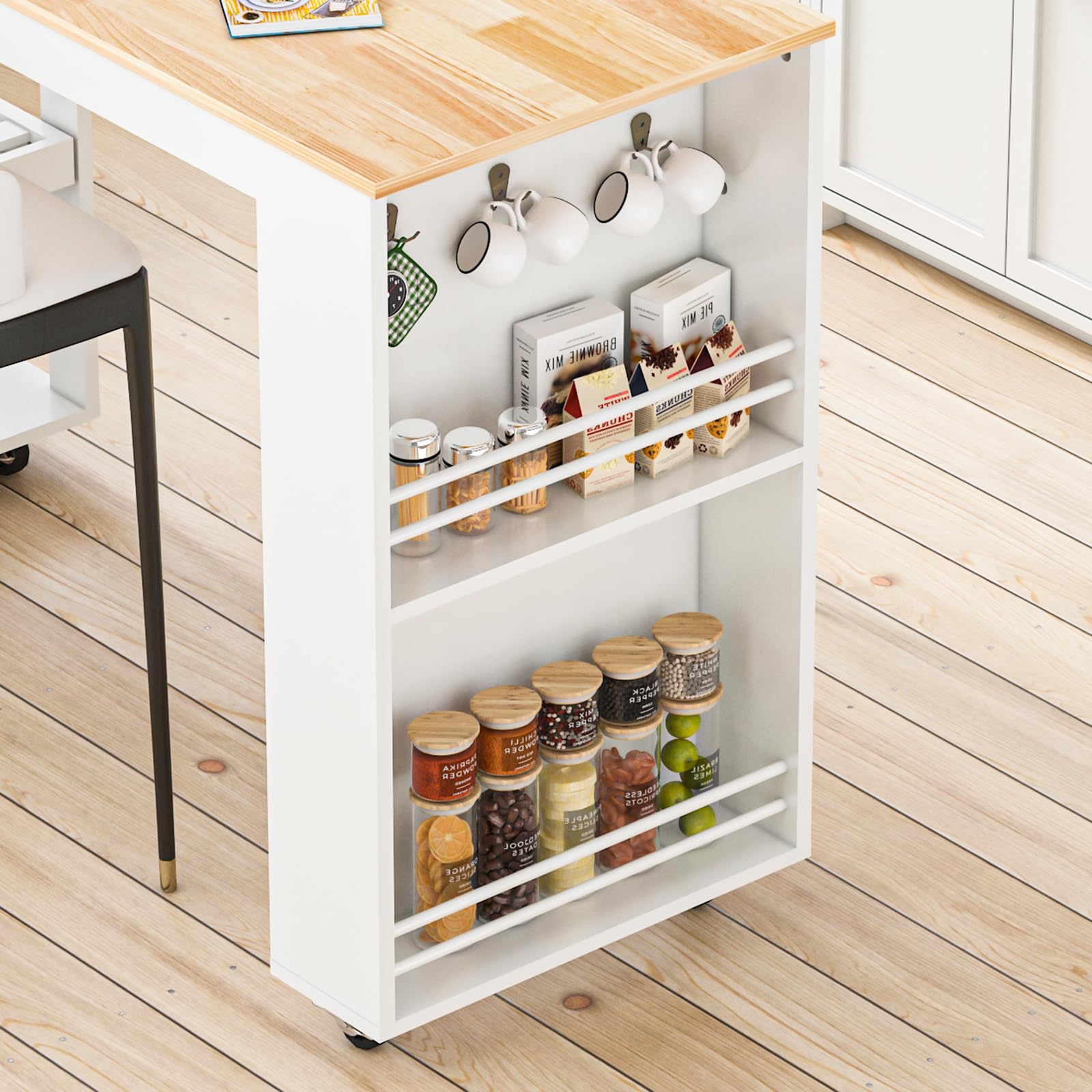 CayugaCrekrd 81.5" Kitchen Island with Extendable Dining Table, Rolling Kitchen Cart on Wheels with Spice Rack, Drawer and Door Cabinet for Dining Room, White