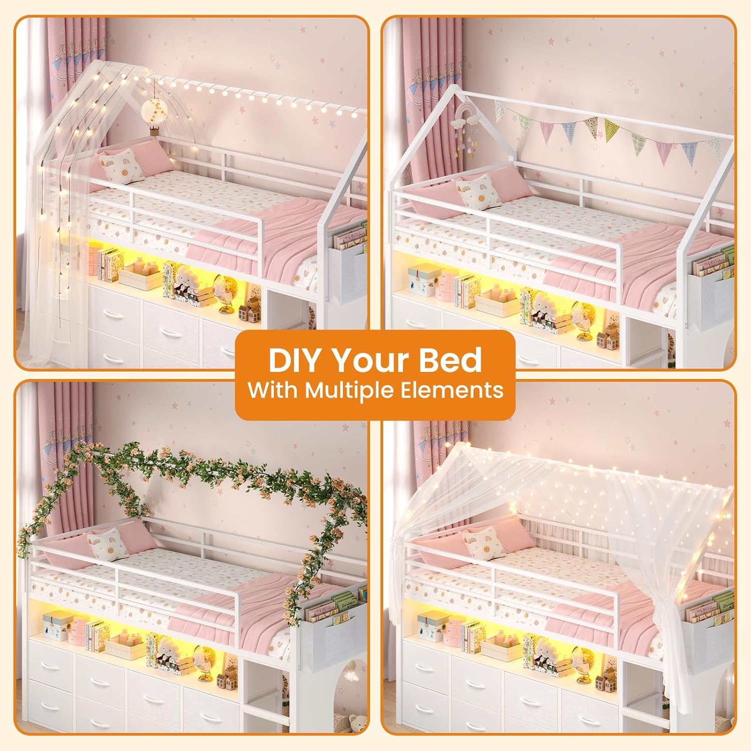 Twin Low Loft Bed with 8 Storage Drawers, LED Lights & House Design