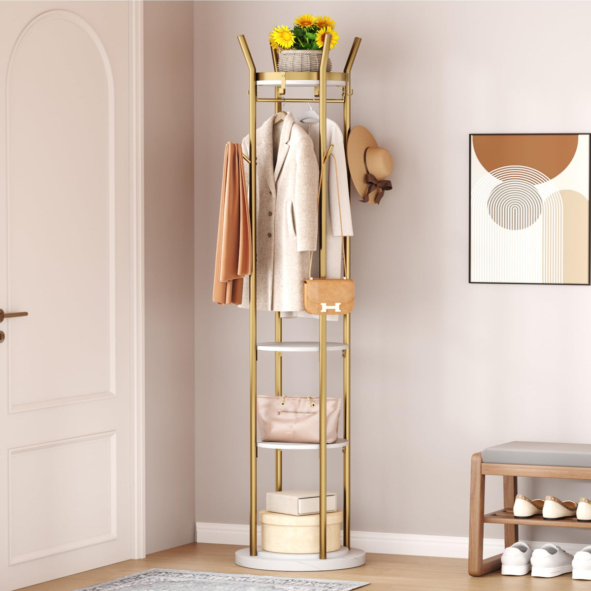 HOMEFORT Coat Rack Freestanding,Metal Coat Stand,4 Shelves,12 Hooks,Gold