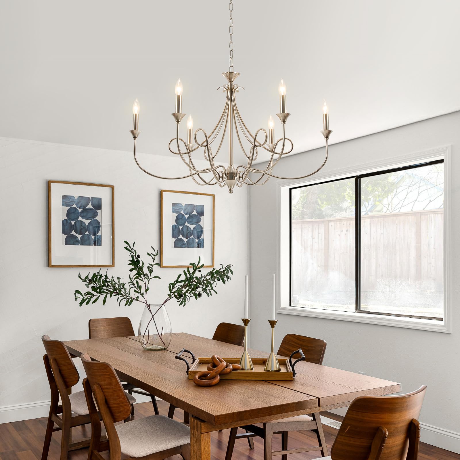 Afirstcght Modern Brushed Nickel Chandelier, 6-Lights Candle Dining Room Light Fixture 36.6in Farmhouse Chandeliers Metal Pendant Lights for Living Room Bedroom Entryway Kitchen Island