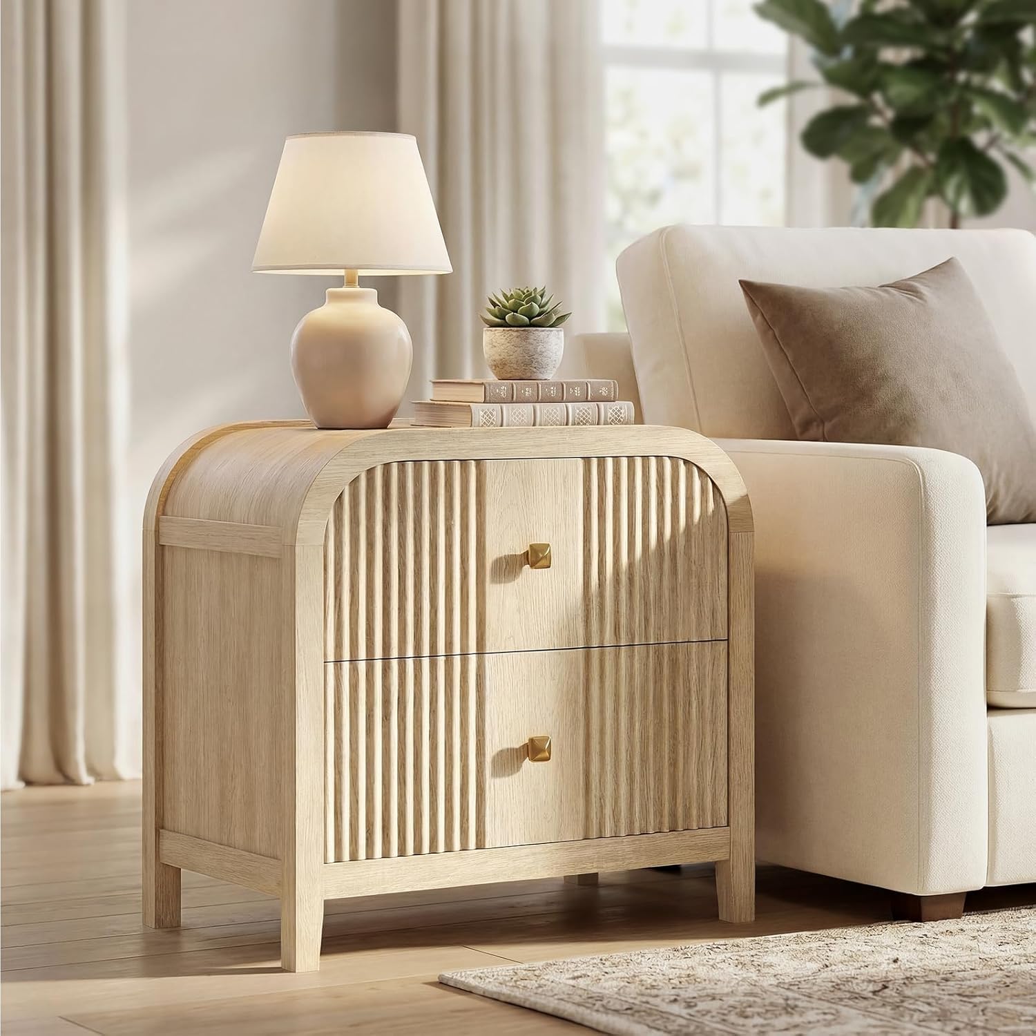 2-Drawer Wave-Fluted Nightstand with Curved Top